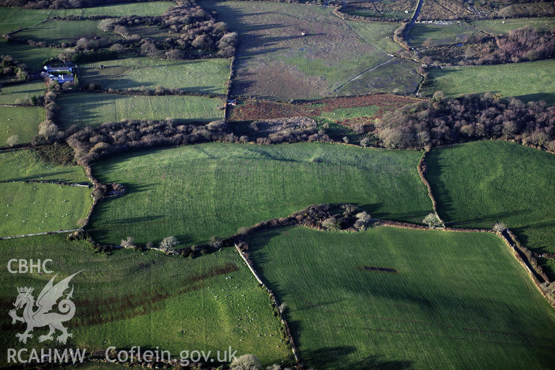 RCAHMW colour oblique photograph of Glascoed Hall, denuded field systems to north-west. Taken by Toby Driver on 10/12/2012.