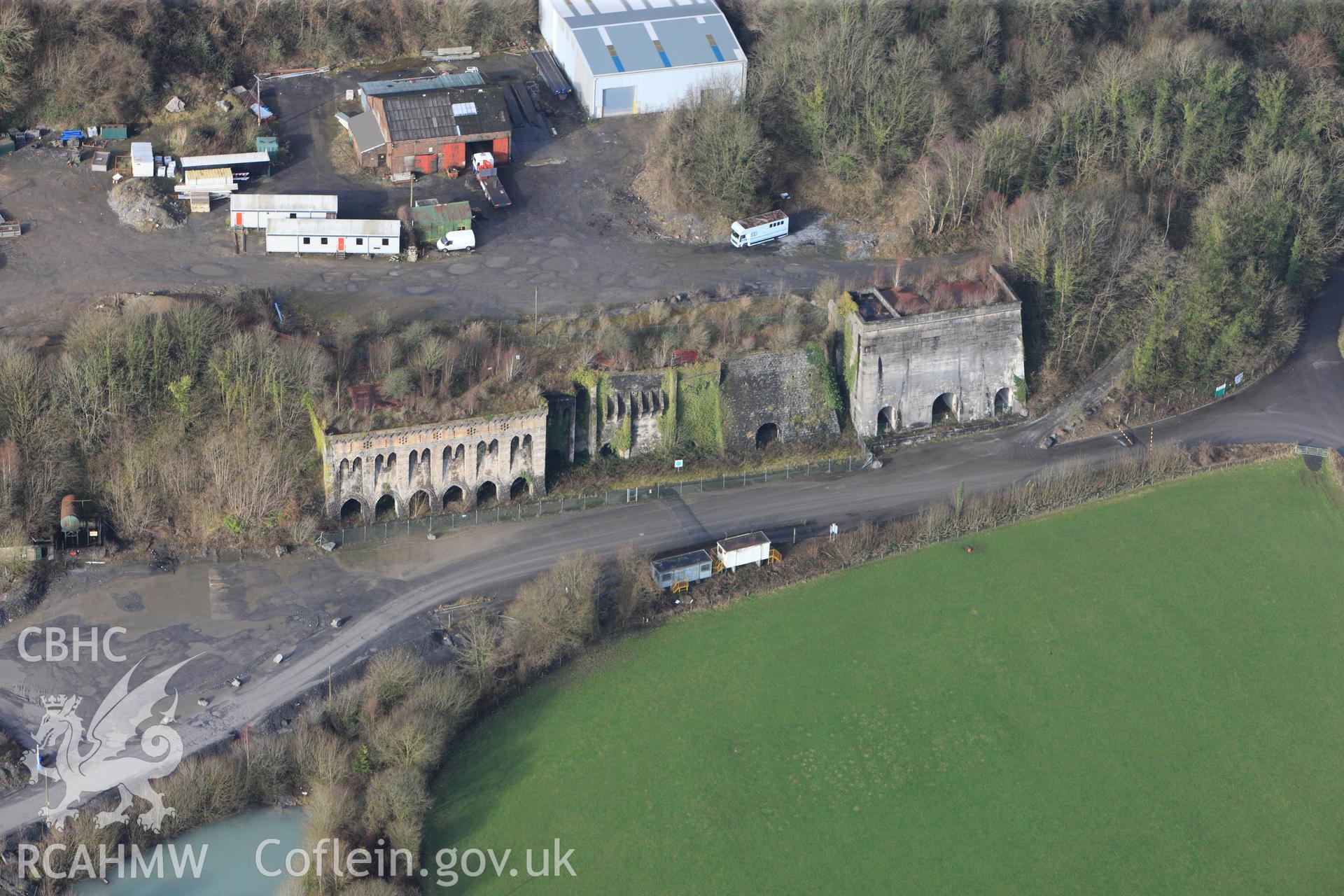 RCAHMW colour oblique photograph of Cilyrychen Lime Kilns. Taken by Toby Driver on 27/01/2012.