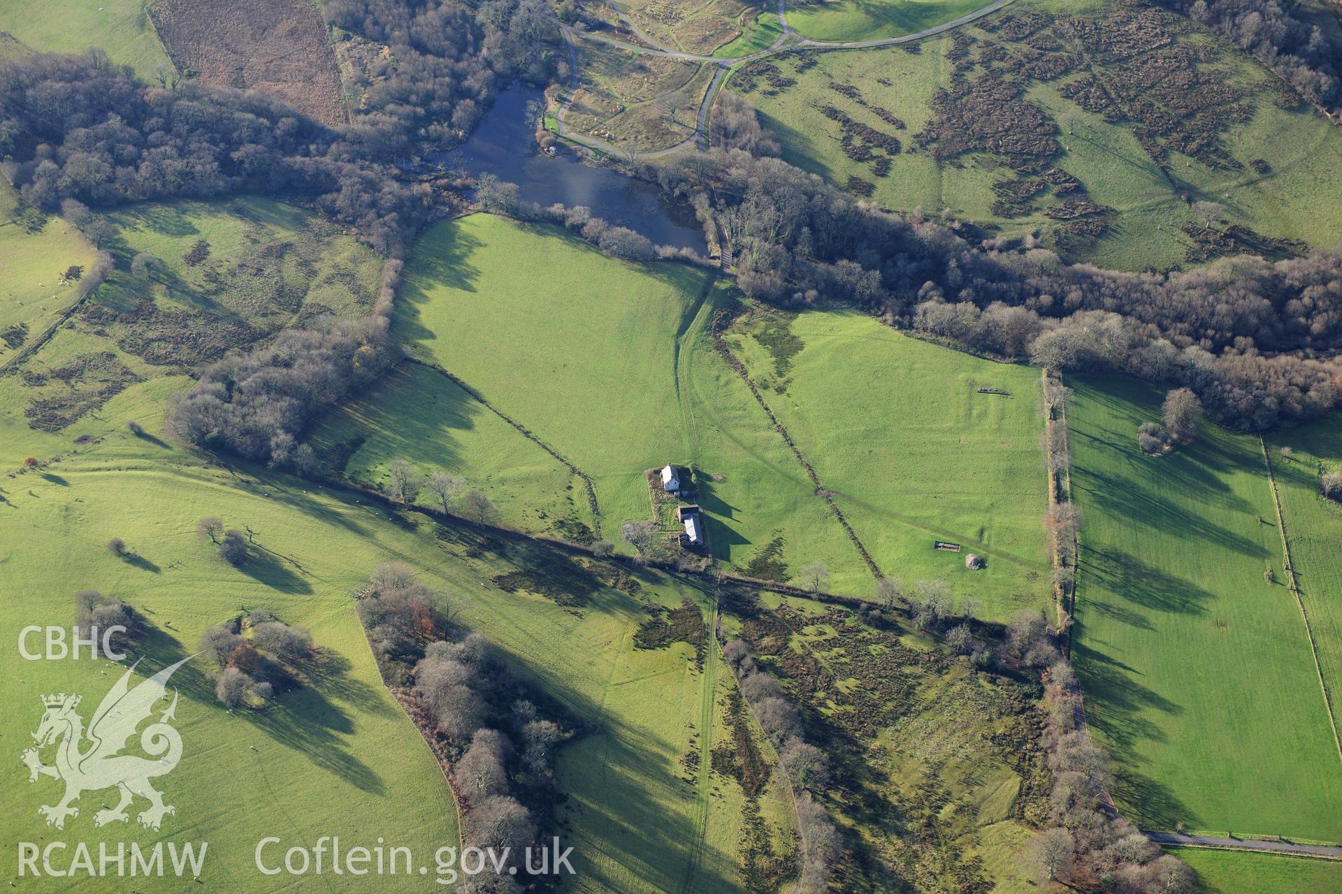 RCAHMW colour oblique photograph of Middleton Hall, and formal garden, with excavation trenches. Taken by Toby Driver on 28/11/2012.