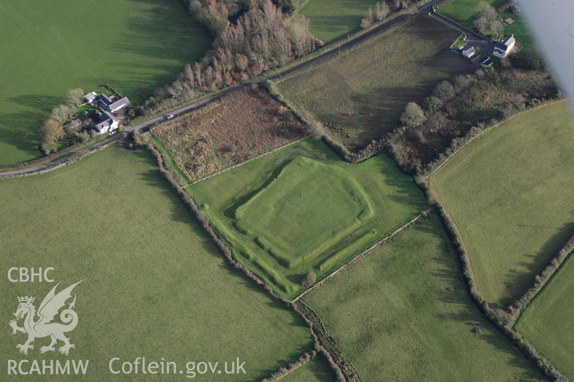 RCAHMW colour oblique photograph of Caer Leb earthwork, in low light. Taken by Toby Driver on 13/01/2012.