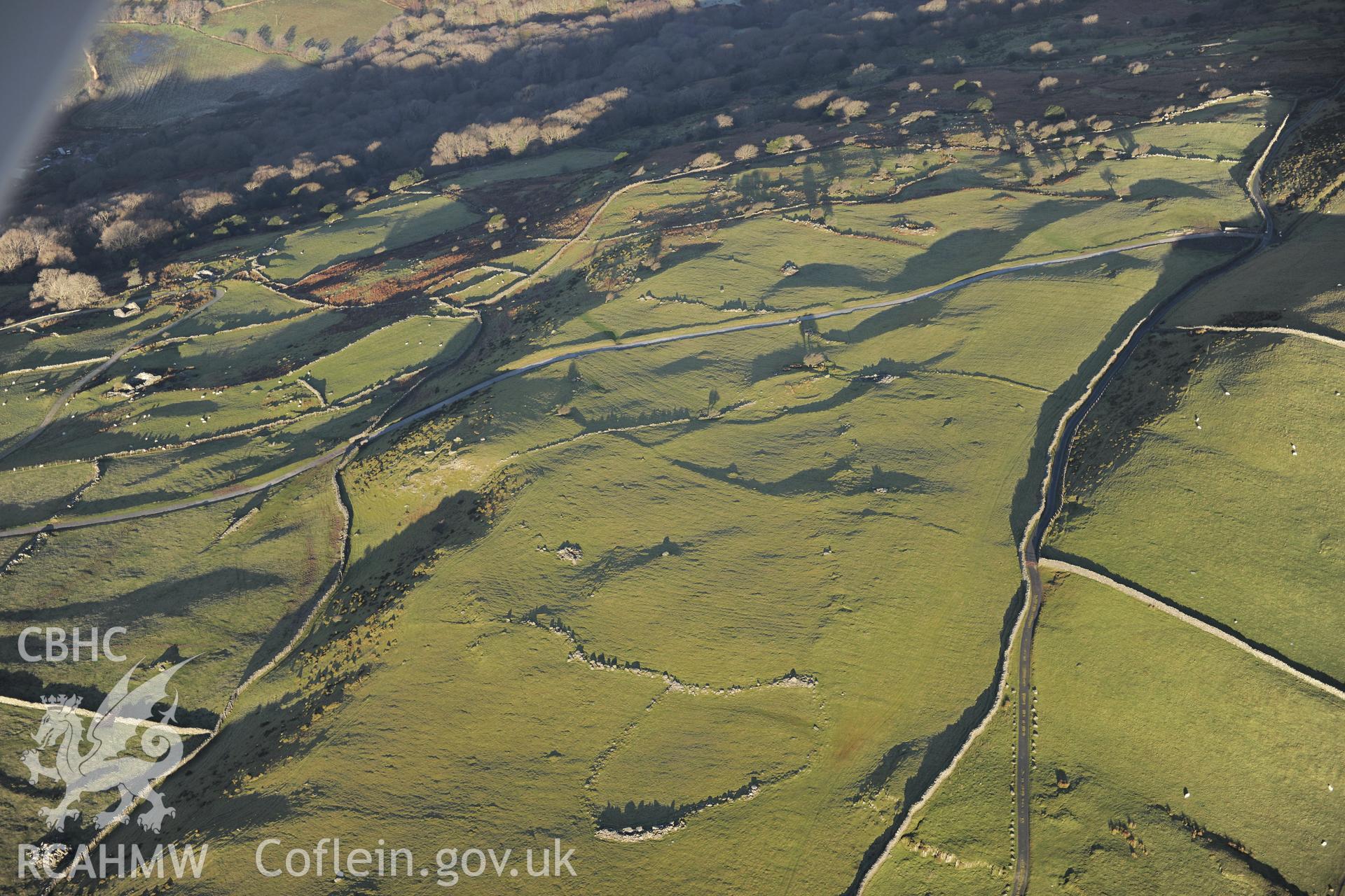 RCAHMW colour oblique photograph of Erw Wen homestead, and field system. Taken by Toby Driver on 10/12/2012.