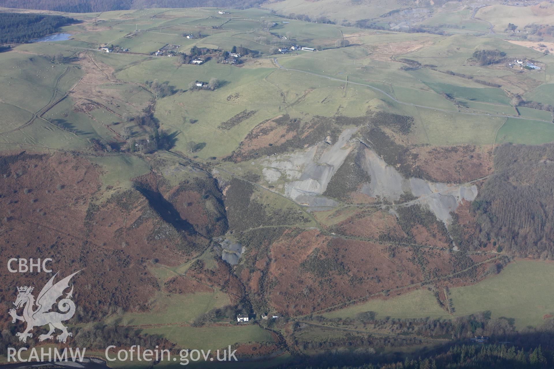 RCAHMW colour oblique photograph of Grogwynion Lead Mine, View from South over Ystwyth River. Taken by Toby Driver on 07/02/2012.