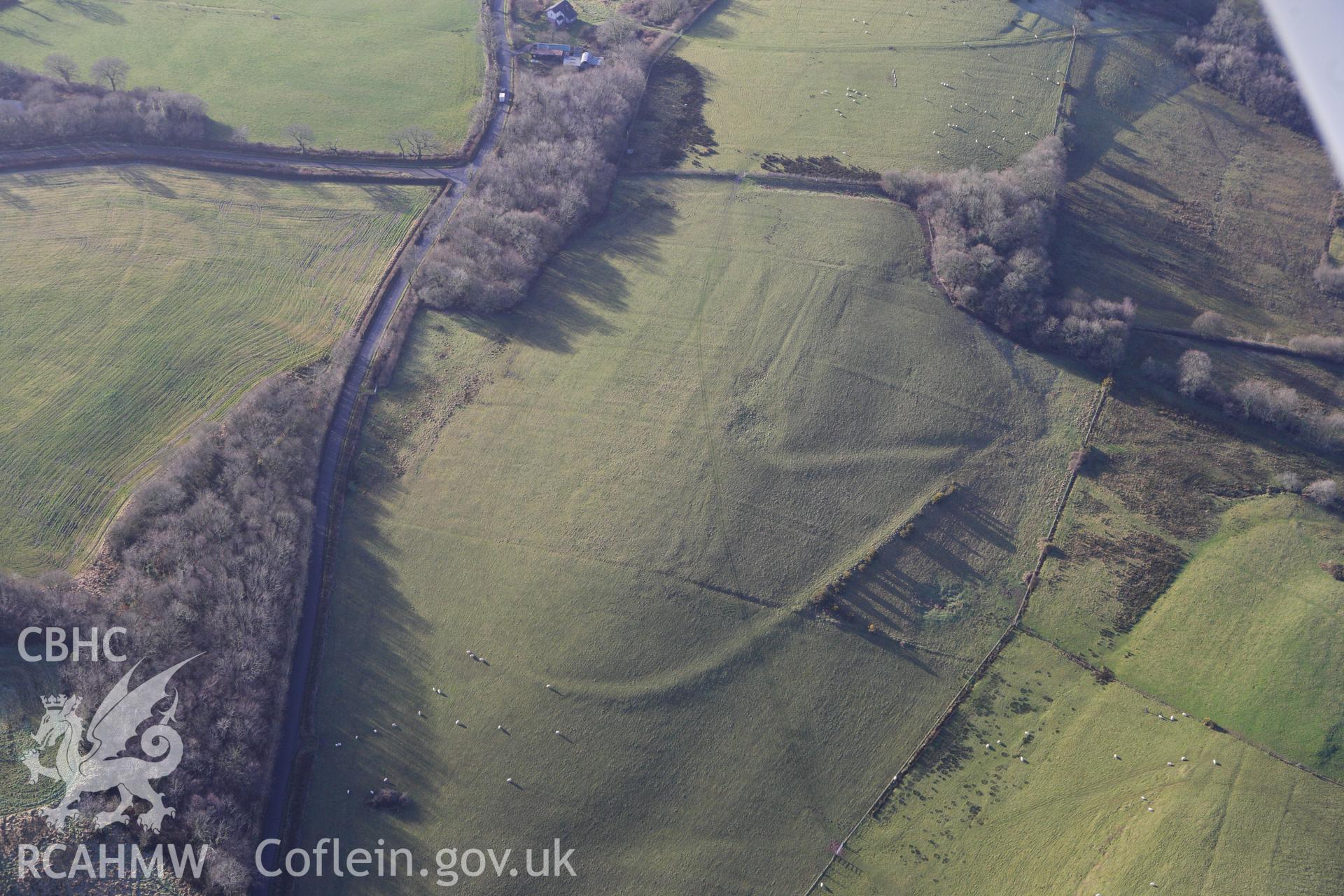 RCAHMW colour oblique photograph of linear earthworks, possibly trackways, north of Allt Goch Lodge, Llanarthney. Taken by Toby Driver on 27/01/2012.