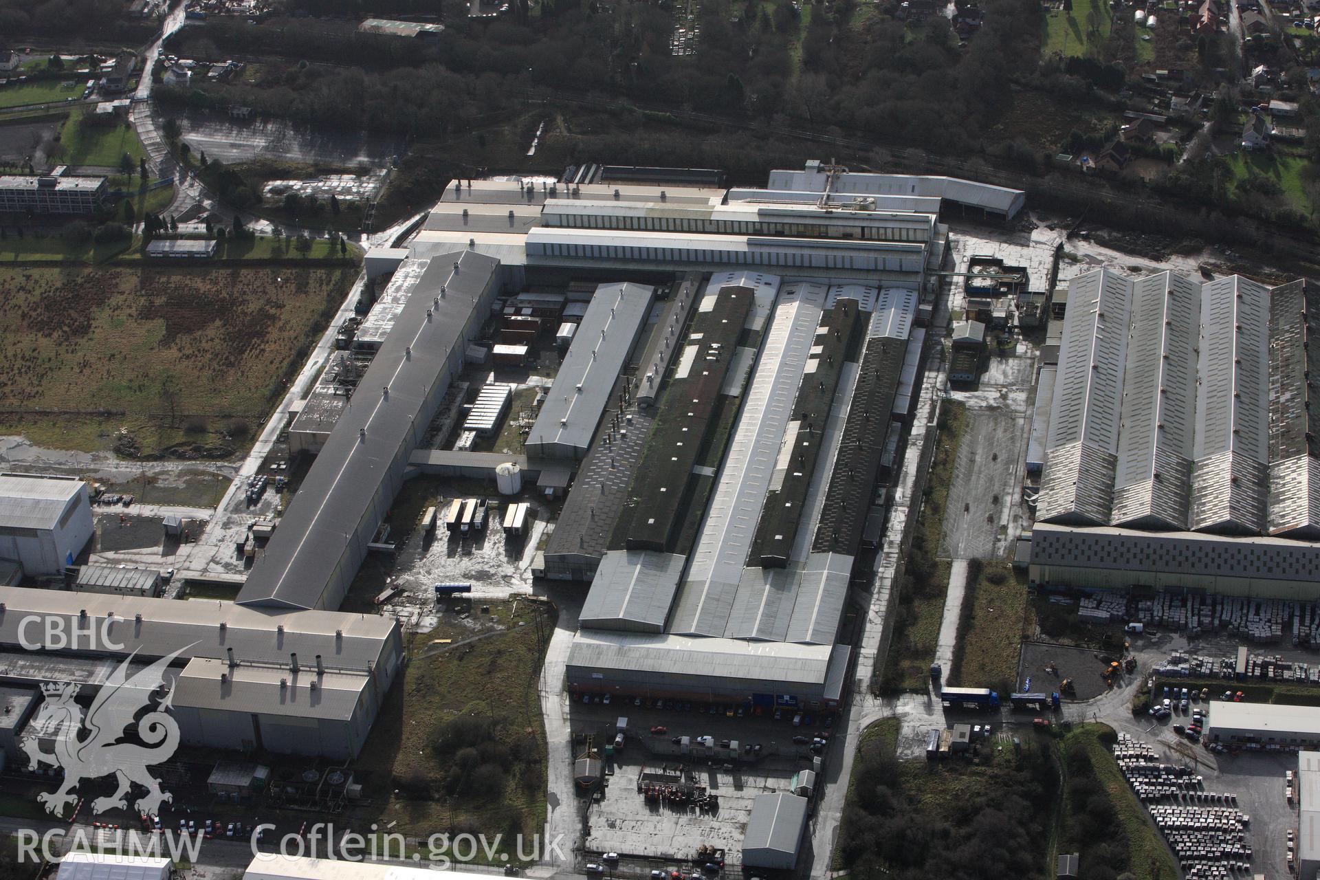 RCAHMW colour oblique photograph of ICI Metal Works (Alcoa Factory), Waunarlwydd, Gowerton. Taken by Toby Driver on 27/01/2012.