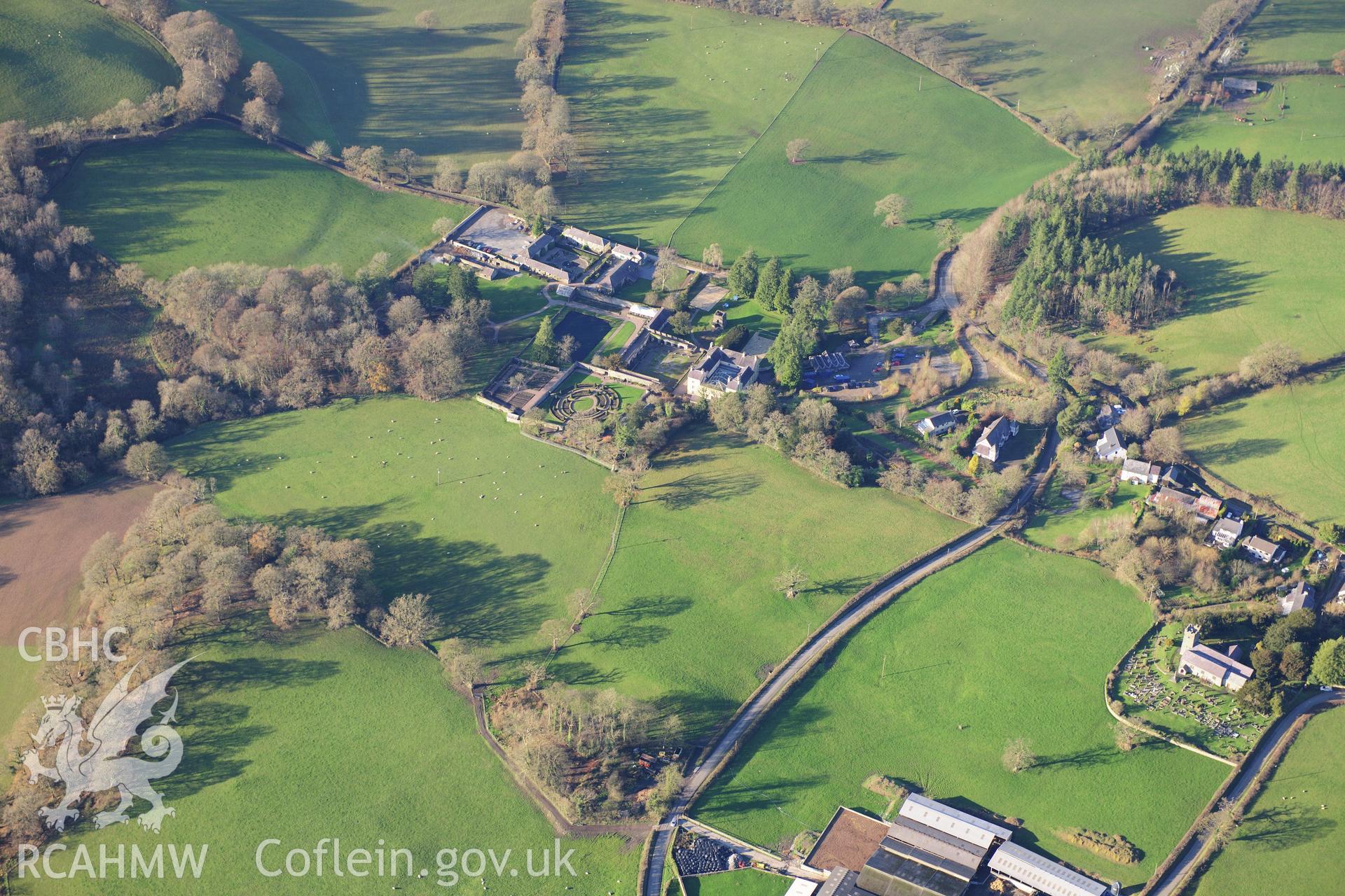 RCAHMW colour oblique photograph of Aberglasney, garden. Taken by Toby Driver on 28/11/2012.