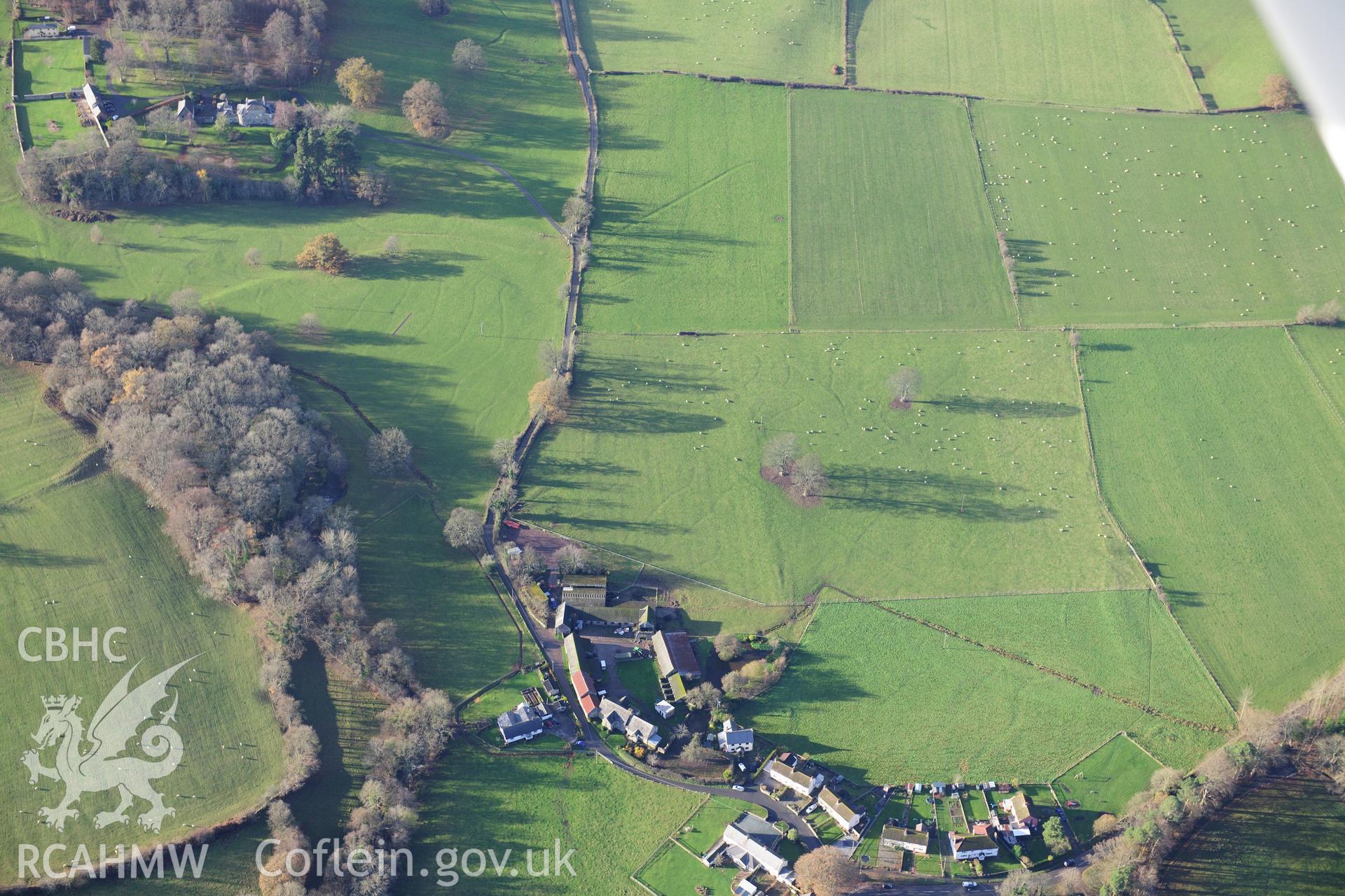 RCAHMW colour oblique photograph of LLANFRYNACH WATER MEADOWS OR DRAINAGE SYSTEM. Taken by Toby Driver on 23/11/2012.