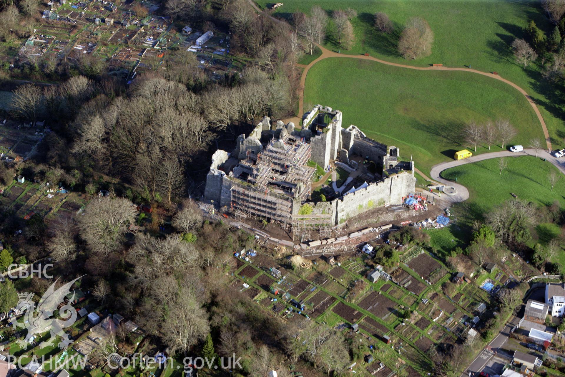 RCAHMW colour oblique photograph of Oystermouth Castle, during renovation work. Taken by Toby Driver on 02/02/2012.