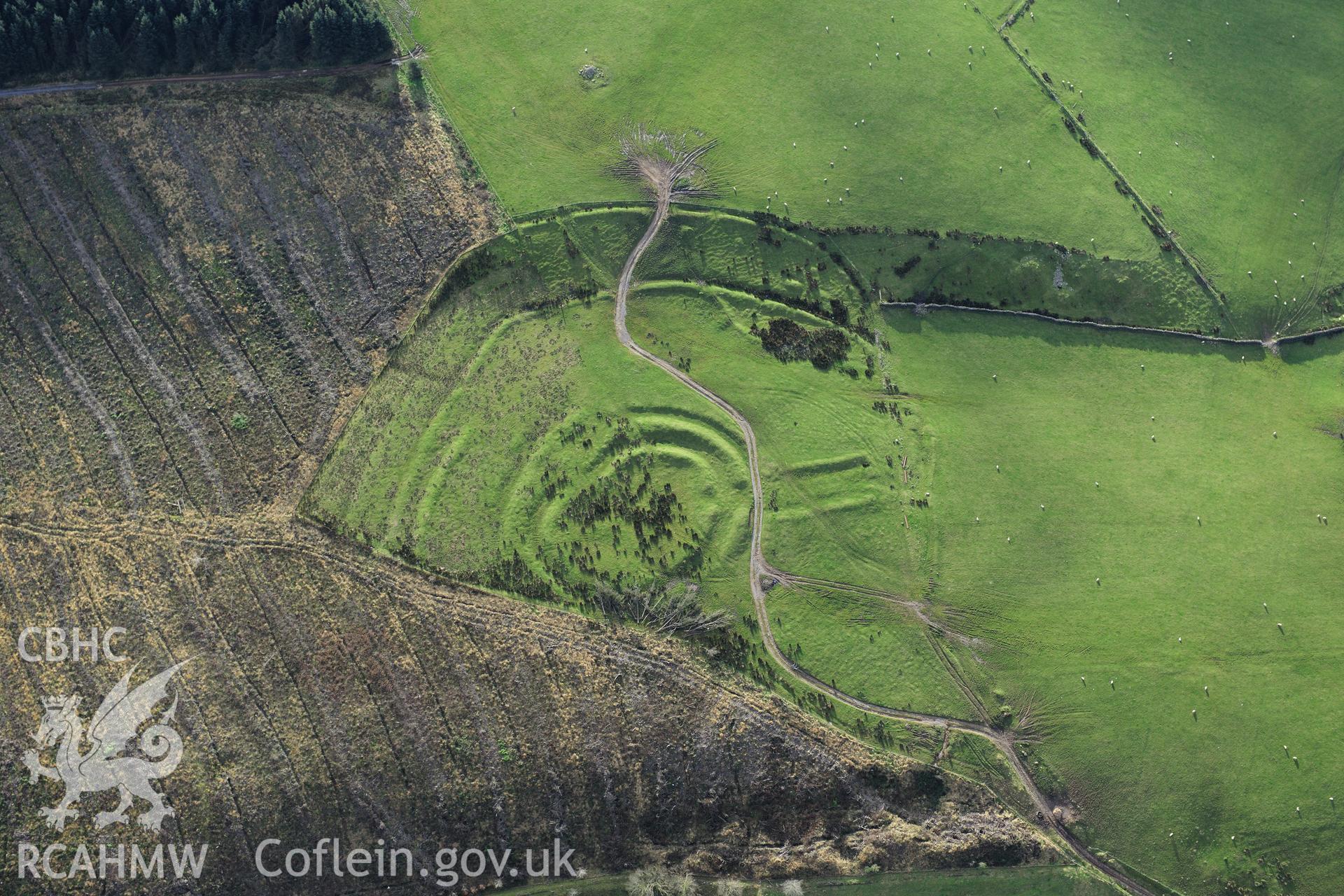 RCAHMW colour oblique photograph of Gaer Fawr, with clearance of forestry block. Taken by Toby Driver on 28/11/2012.