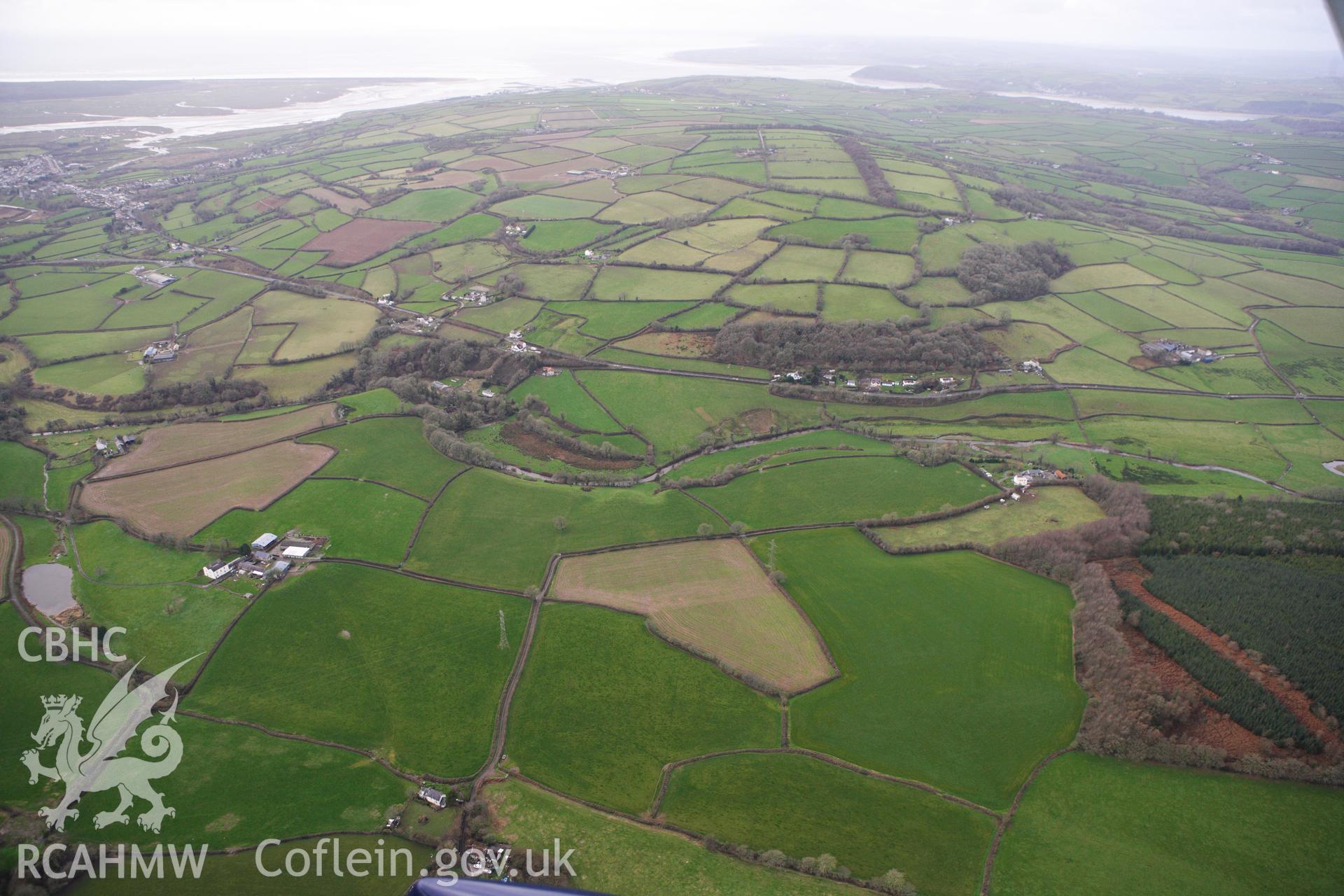 RCAHMW colour oblique photograph of Maes Gwenllian, site of battle, Mynyddygarreg. Taken by Toby Driver on 27/01/2012.