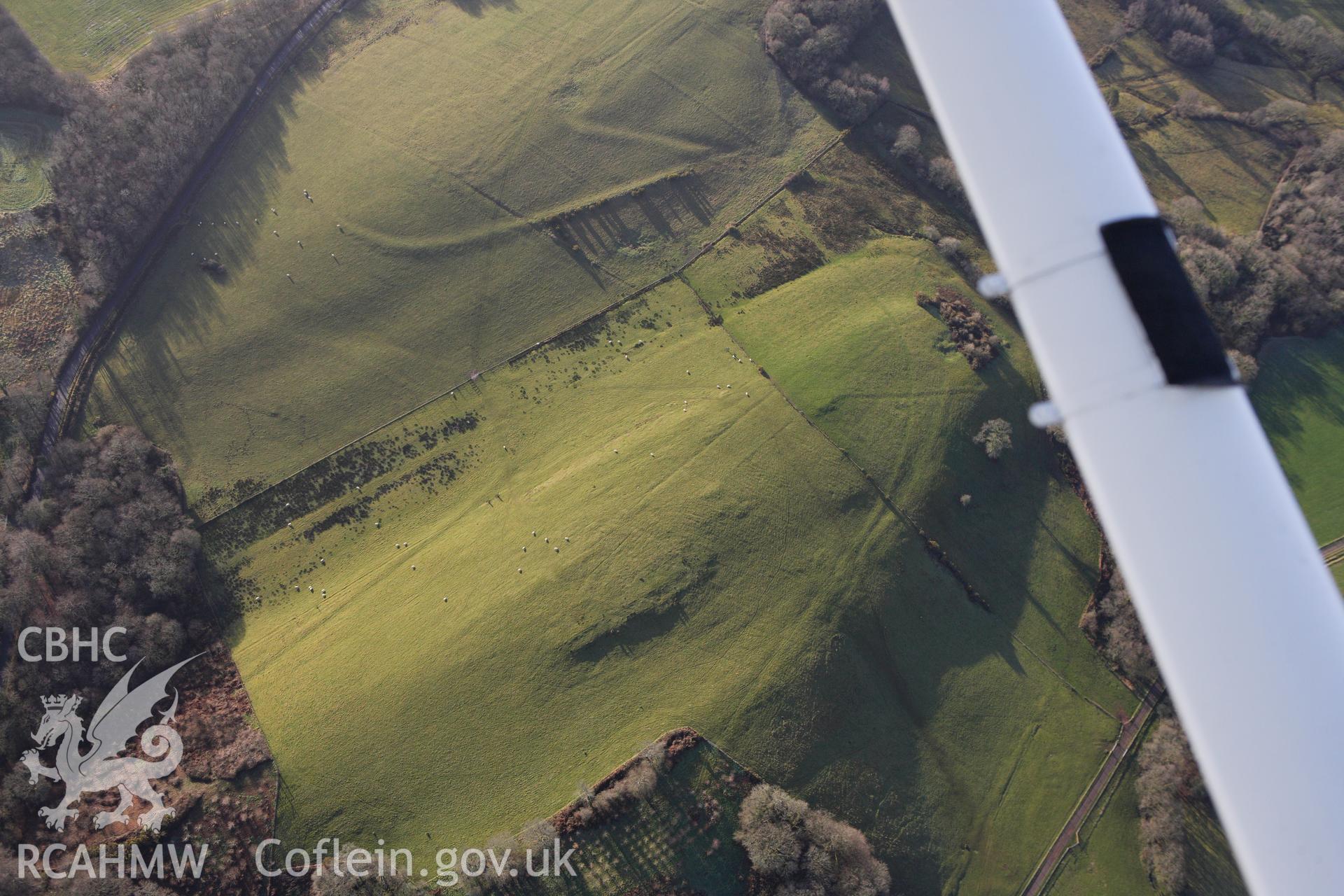 RCAHMW colour oblique photograph of linear earthworks, possibly trackways, north of Allt Goch Lodge, Llanarthney. Taken by Toby Driver on 27/01/2012.