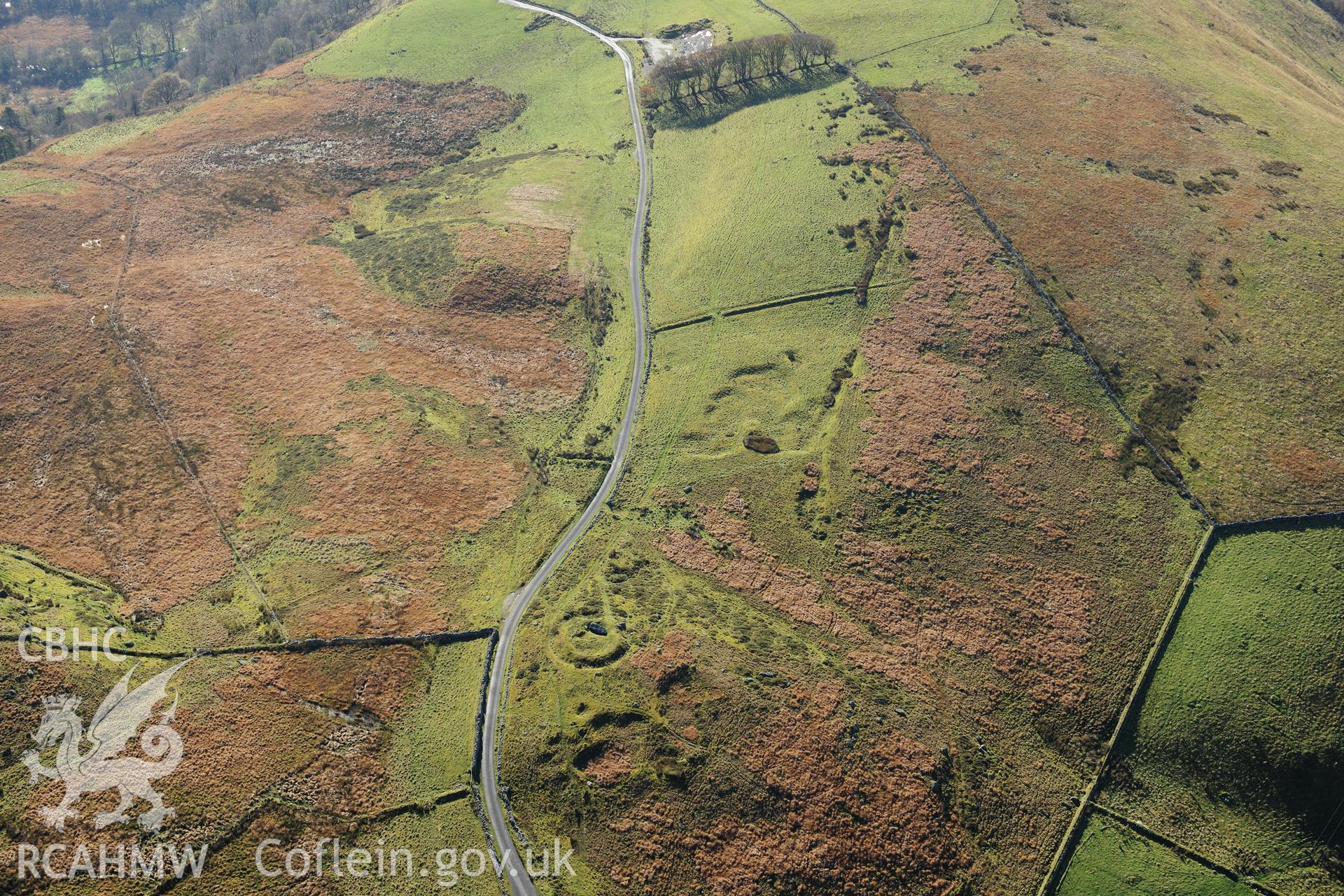 RCAHMW colour oblique photograph of Careg y Bwci, Roman signal station, and quarry pits of Roman road. Taken by Toby Driver on 05/11/2012.