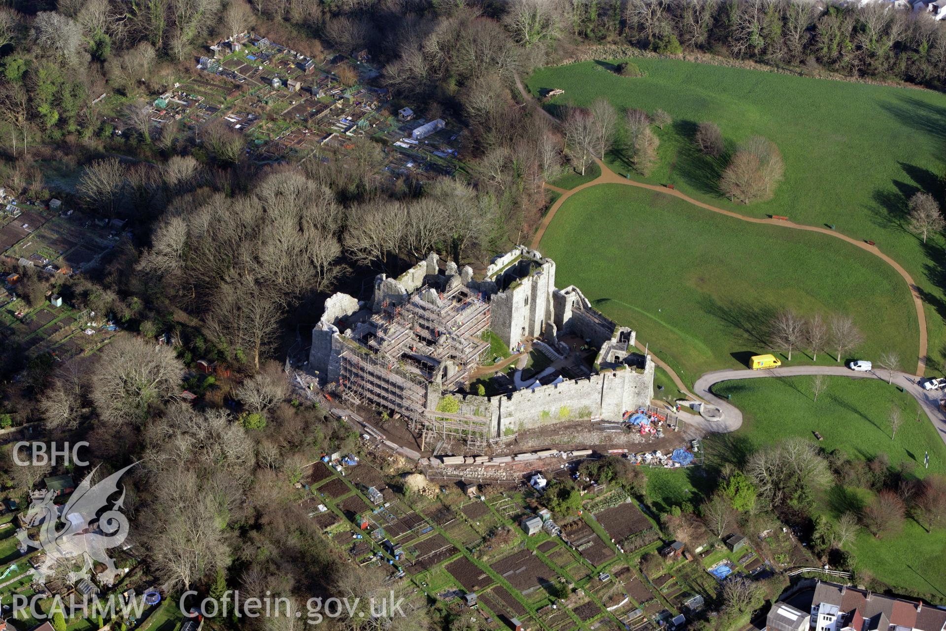 RCAHMW colour oblique photograph of Oystermouth Castle, during renovation work. Taken by Toby Driver on 02/02/2012.