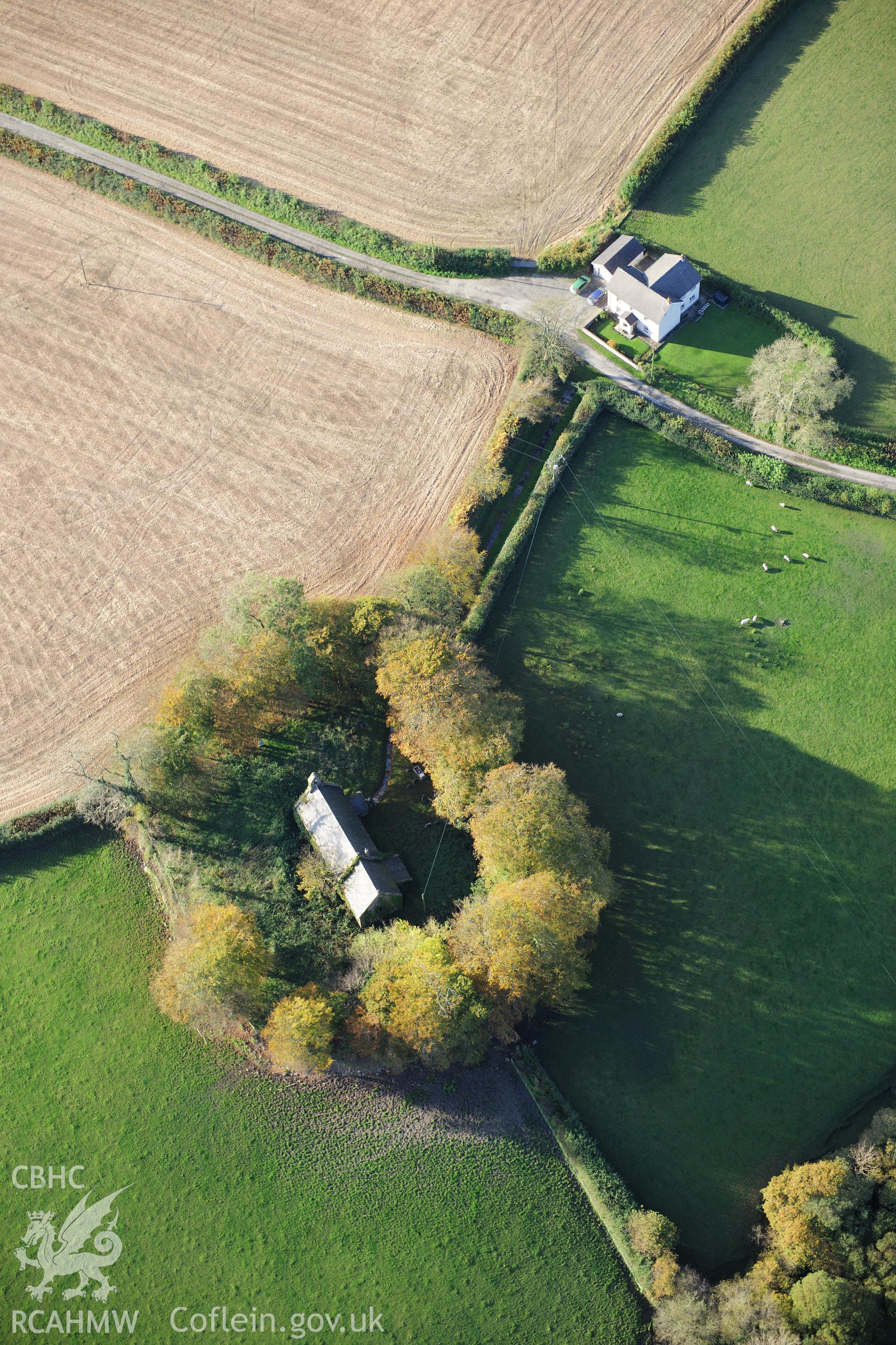 RCAHMW colour oblique photograph of Llangan Church. Taken by Toby Driver on 26/10/2012.