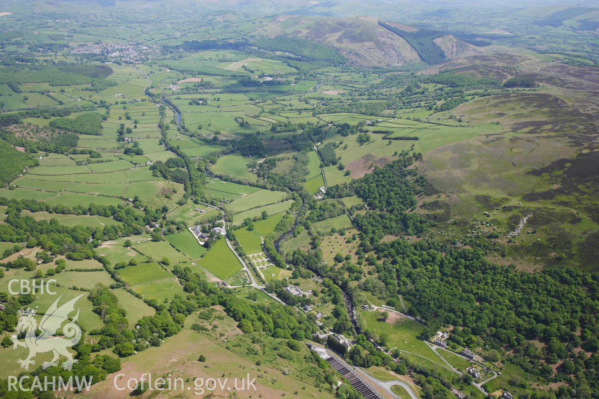 RCAHMW colour oblique photograph of Landscape view of Elan Village. Taken by Toby Driver on 28/05/2012.