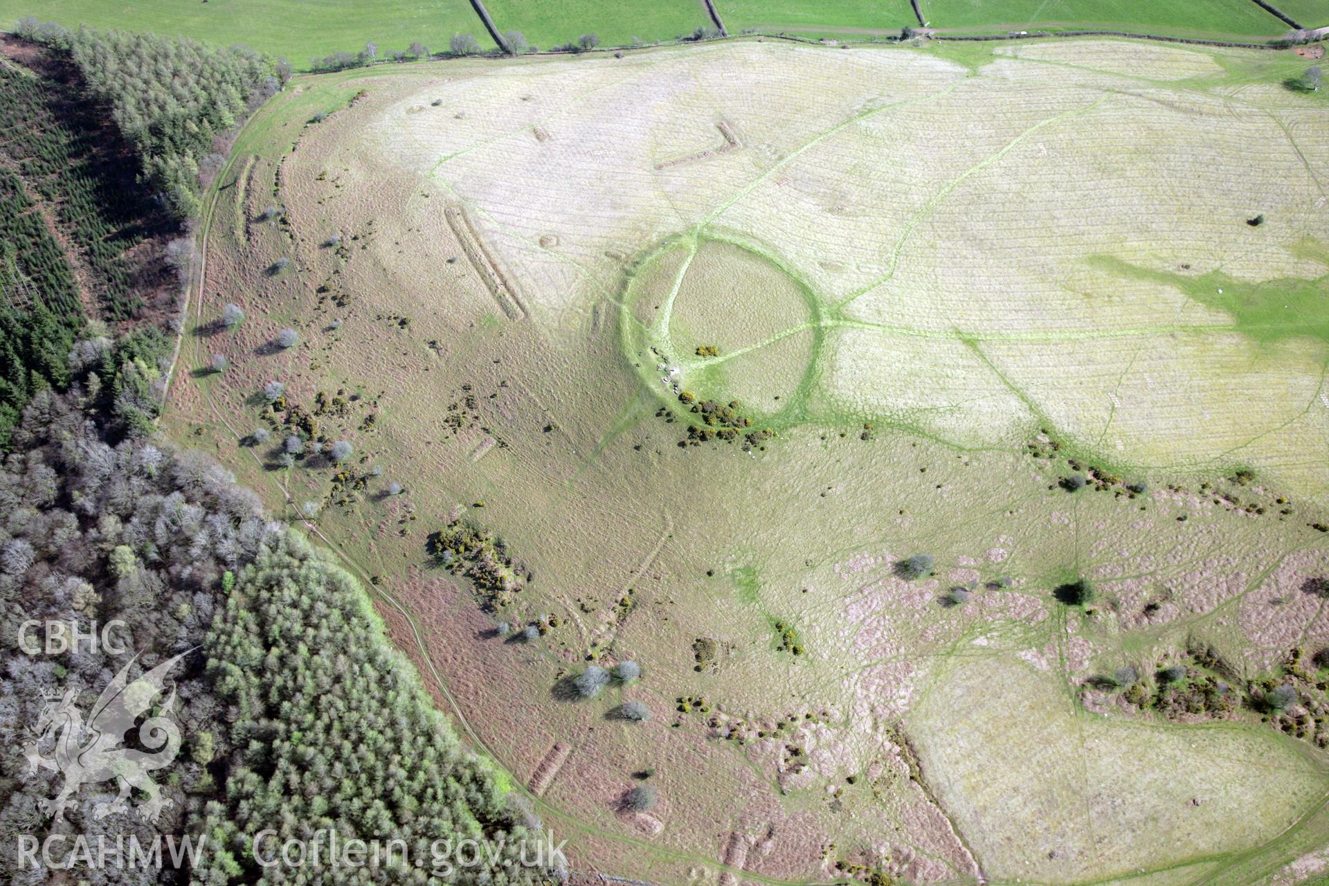 RCAHMW colour oblique photograph of Twyn y Gaer hillfort, and pillow mounds. Taken by Toby Driver and Oliver Davies on 28/03/2012.