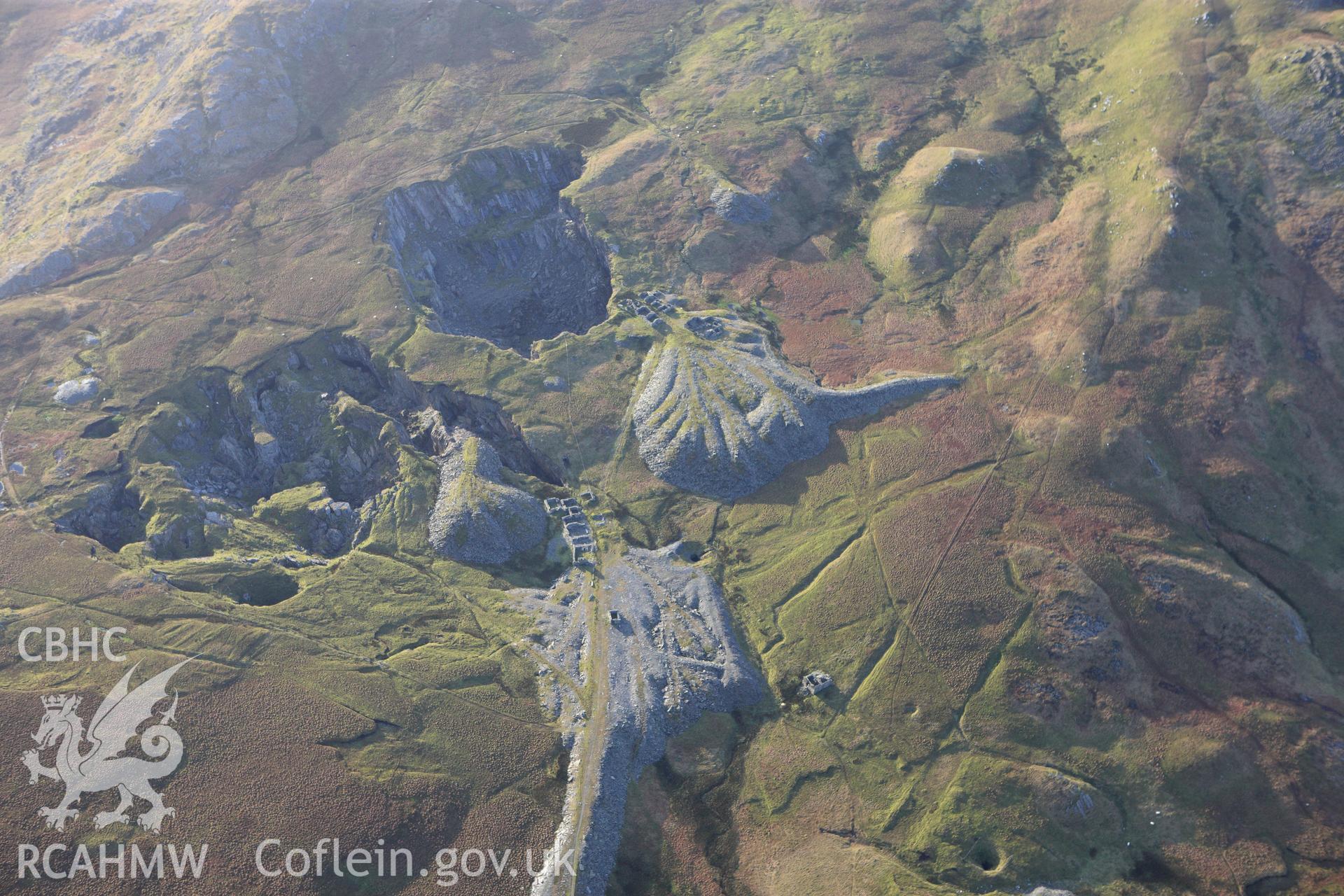 RCAHMW colour oblique photograph of Rhosydd slate quarry, upper workings in low winter light. Taken by Toby Driver on 13/01/2012.