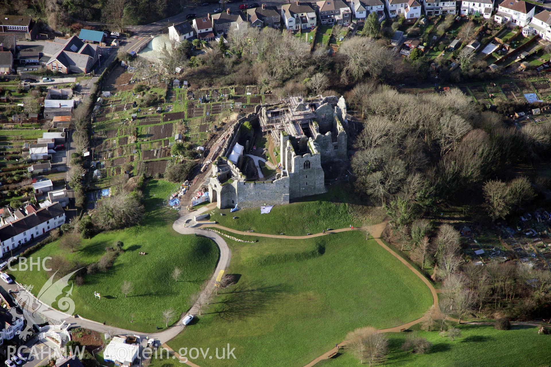 RCAHMW colour oblique photograph of Oystermouth Castle, during renovation work. Taken by Toby Driver on 02/02/2012.