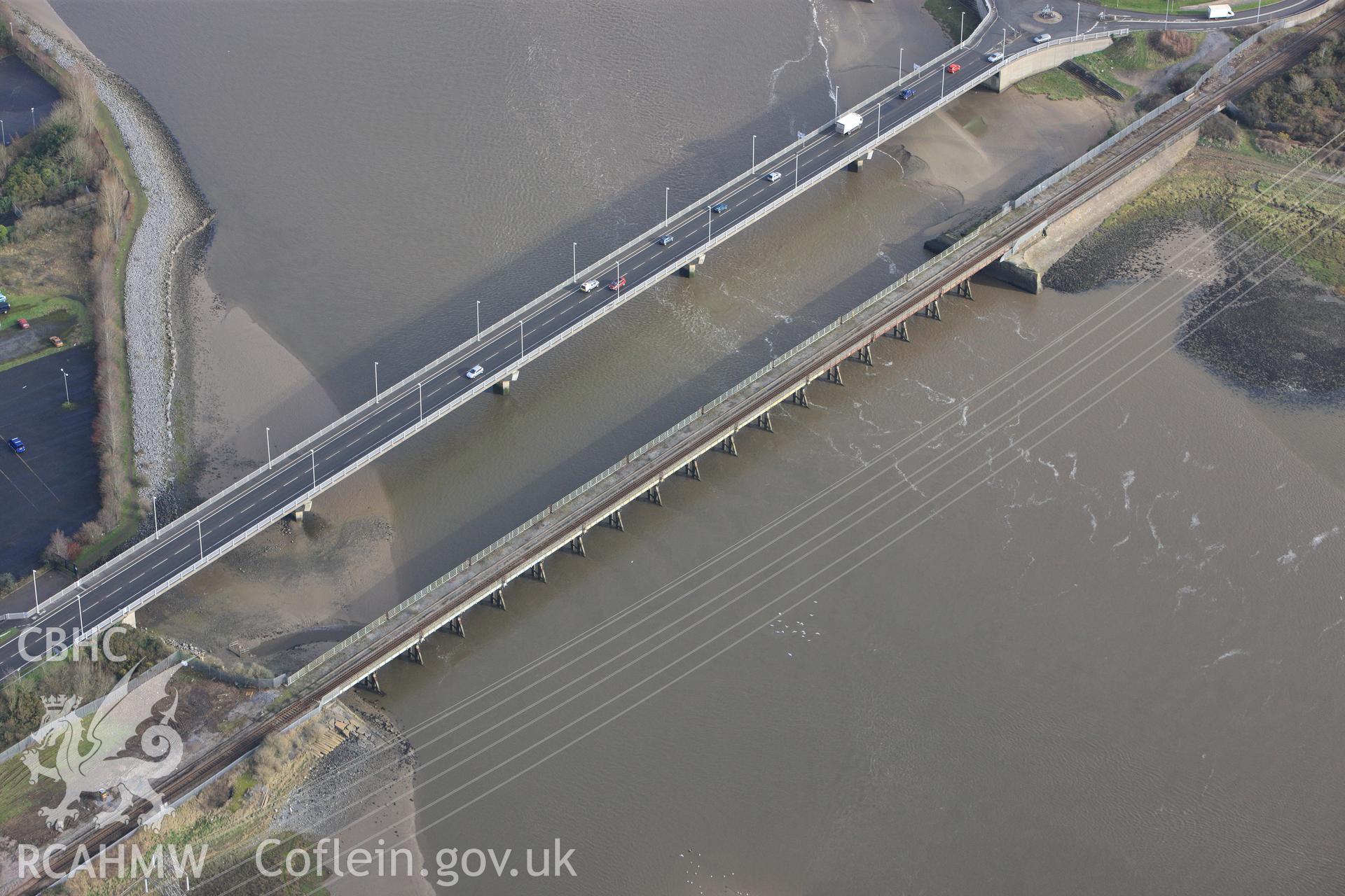 RCAHMW colour oblique photograph of Loughor Railway Viaduct. Taken by Toby Driver on 27/01/2012.