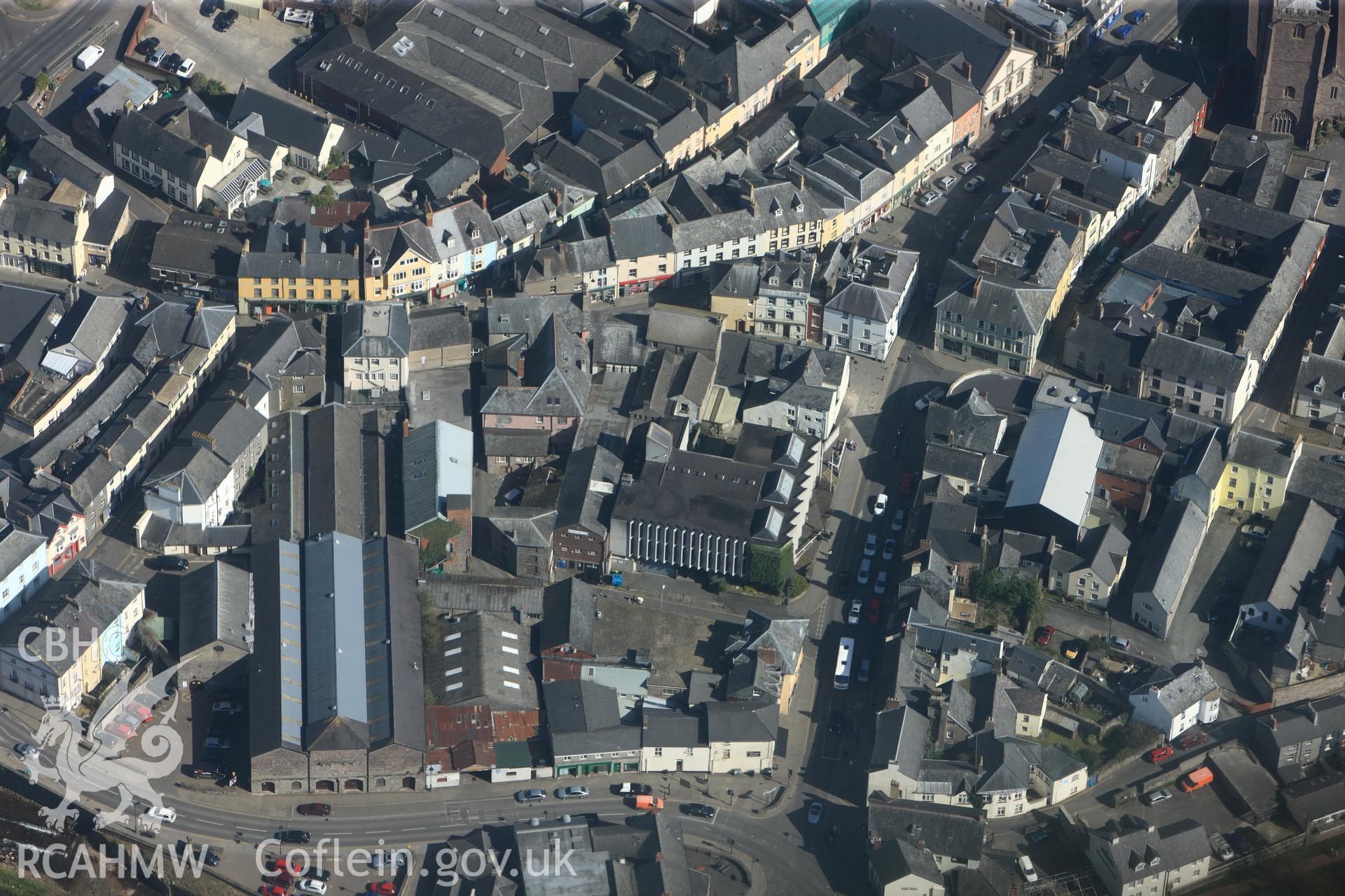 RCAHMW colour oblique photograph of Brecon Market Hall. Taken by Toby Driver and Oliver Davies on 28/03/2012.