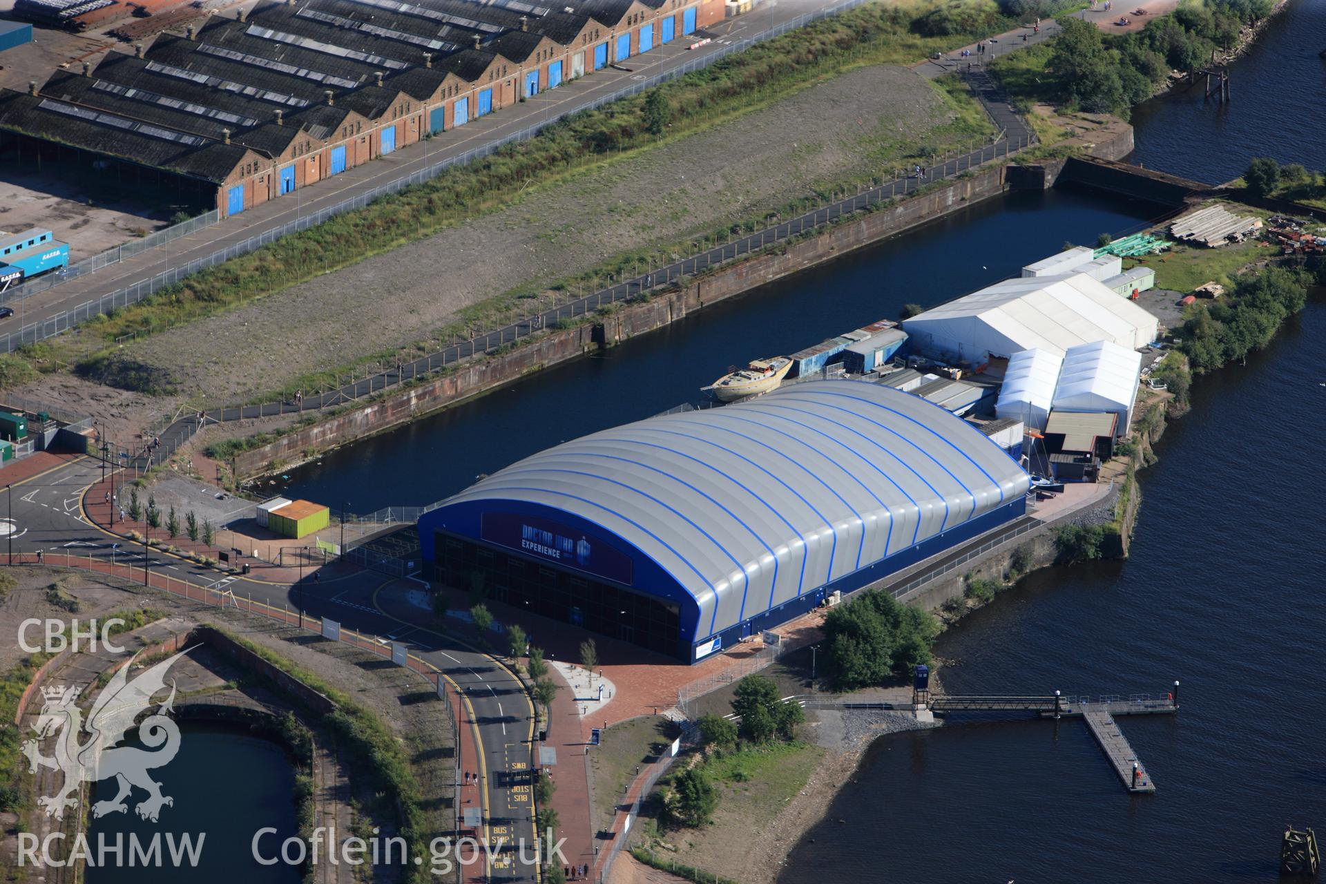 RCAHMW colour oblique photograph of The Dr Who Experience, Cardiff Bay. Taken by Toby Driver on 24/07/2012.