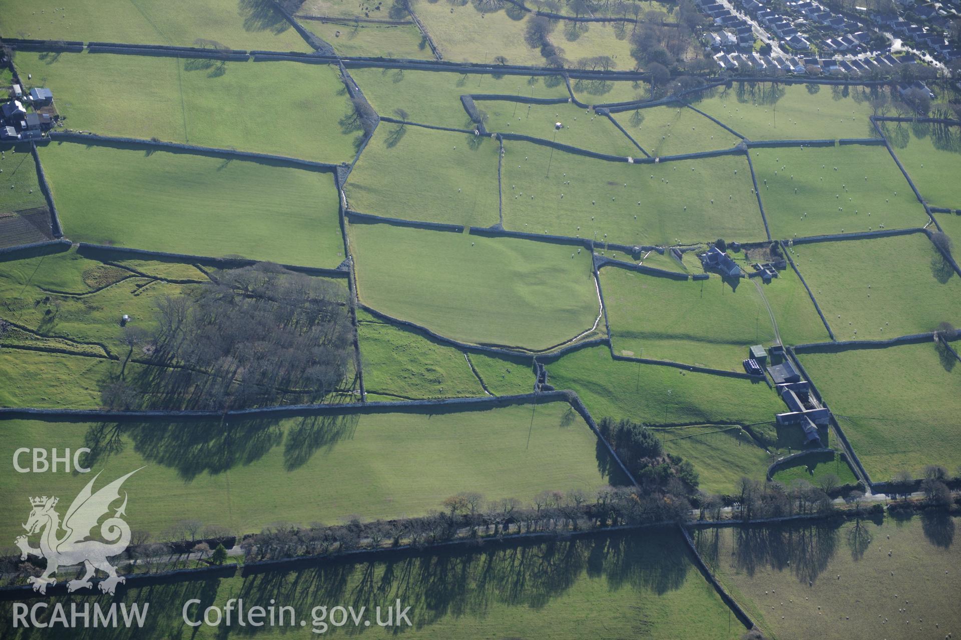 RCAHMW colour oblique photograph of Homestead, Fron Galed, and earthworks of hut circle settlement (NPRN 403536)  beyond. Taken by Toby Driver on 10/12/2012.