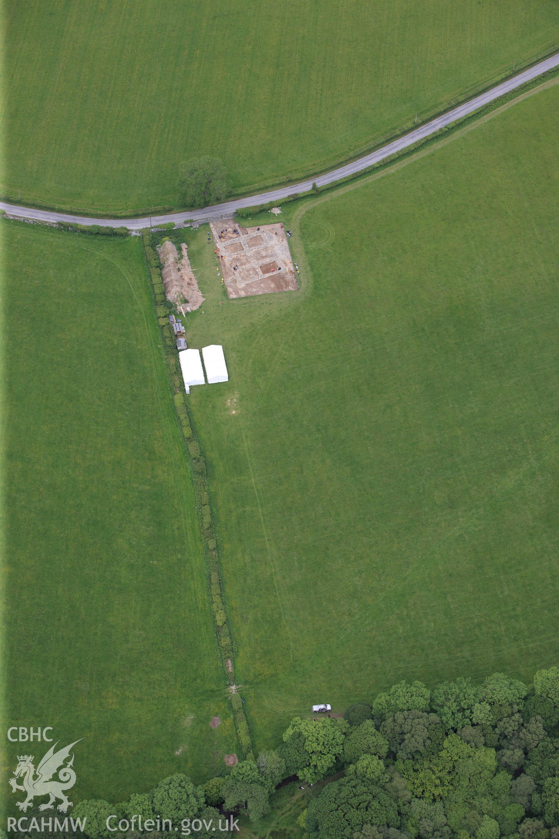 RCAHMW colour oblique photograph of Gatehouse, Strata Florida Abbey Precinct, under excavation. Taken by Toby Driver on 19/06/2012.