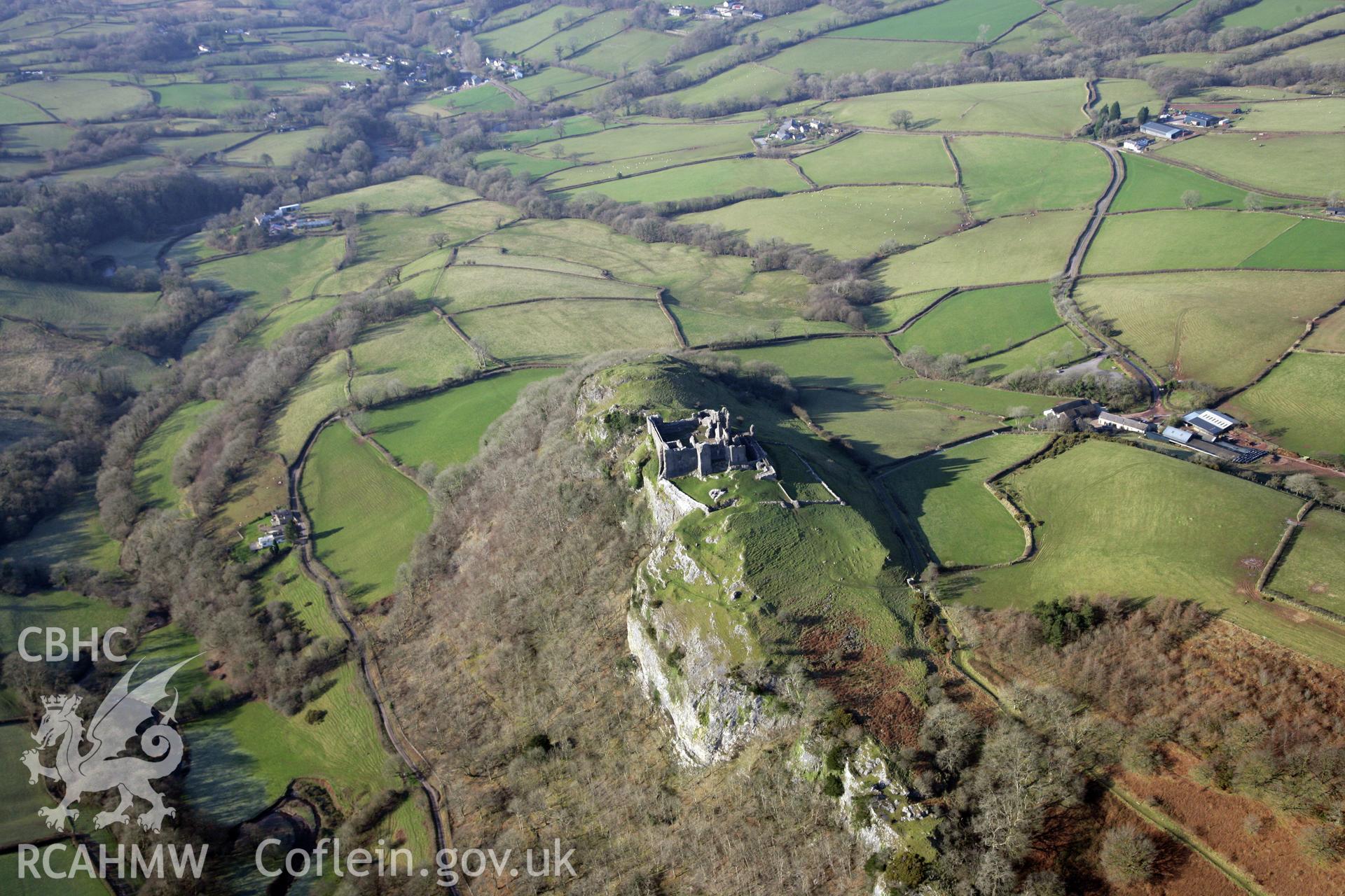 RCAHMW colour oblique photograph of Carreg Cennan Castle. Taken by Toby Driver on 02/02/2012.