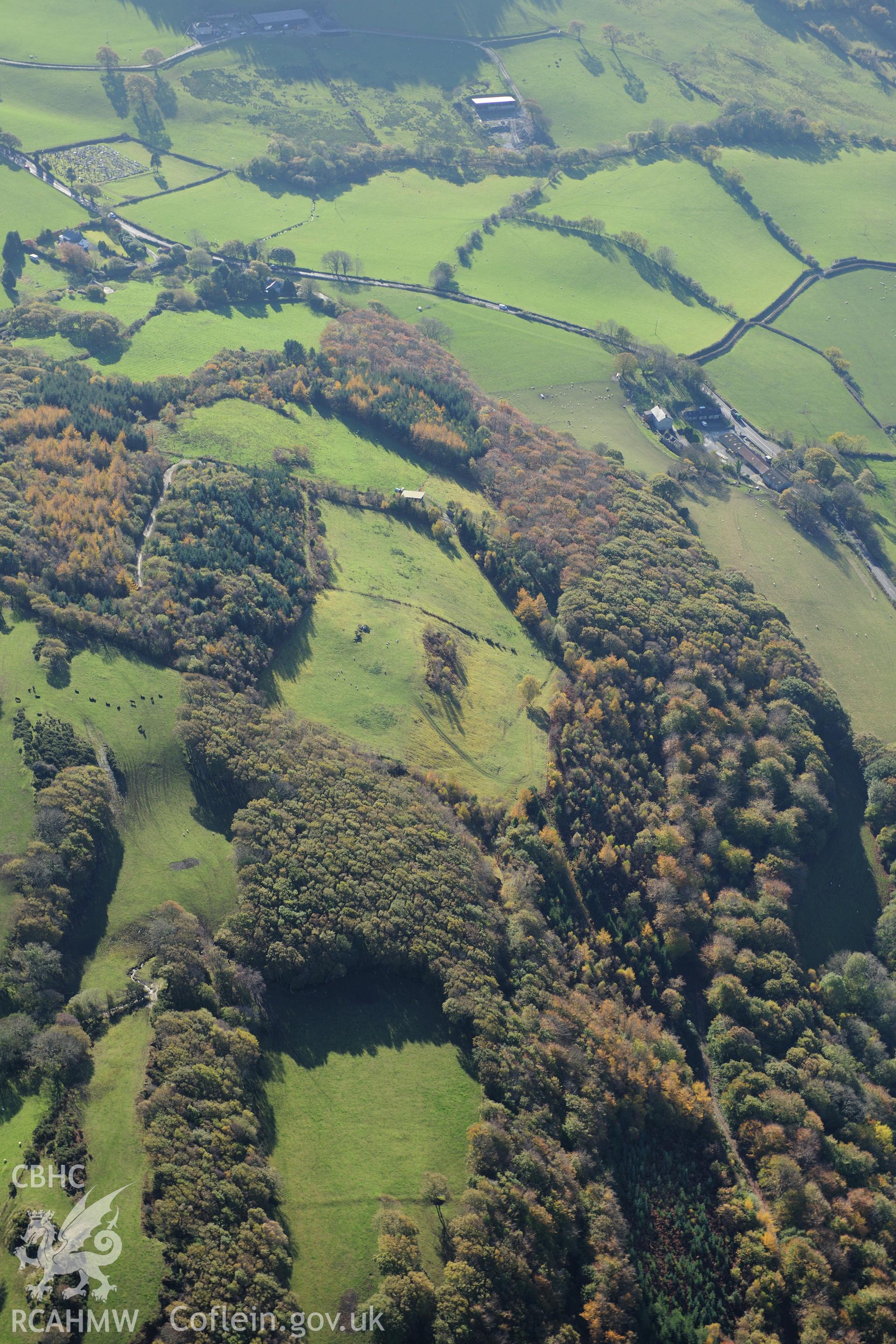 RCAHMW colour oblique photograph of Pant-y-Bontbren and Erglodd lead mine, view from north. Taken by Toby Driver on 05/11/2012.