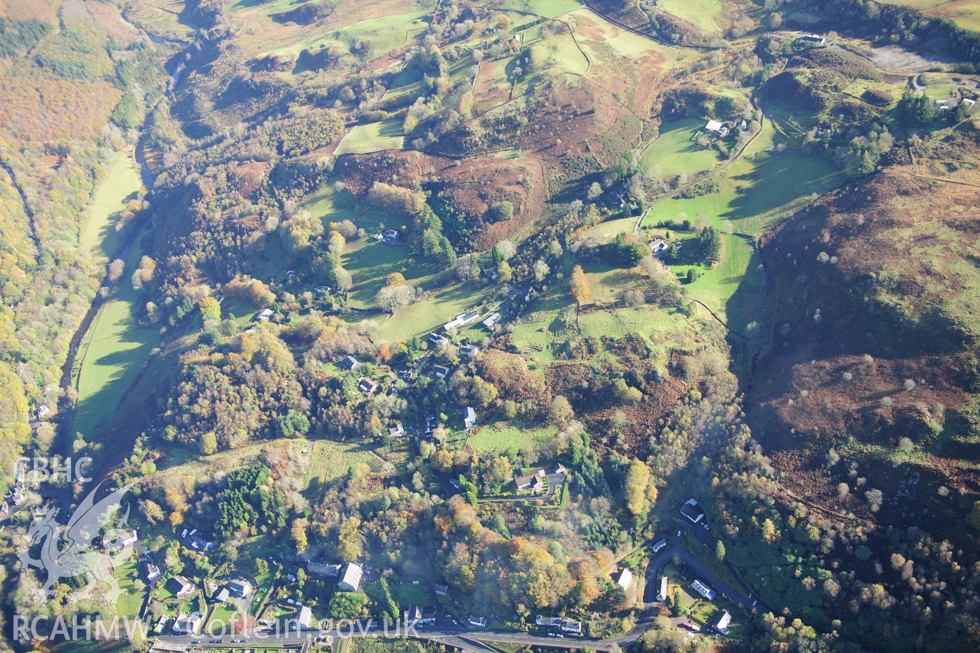 RCAHMW colour oblique photograph of Pontrhydygroes village, looking east. Taken by Toby Driver on 05/11/2012.