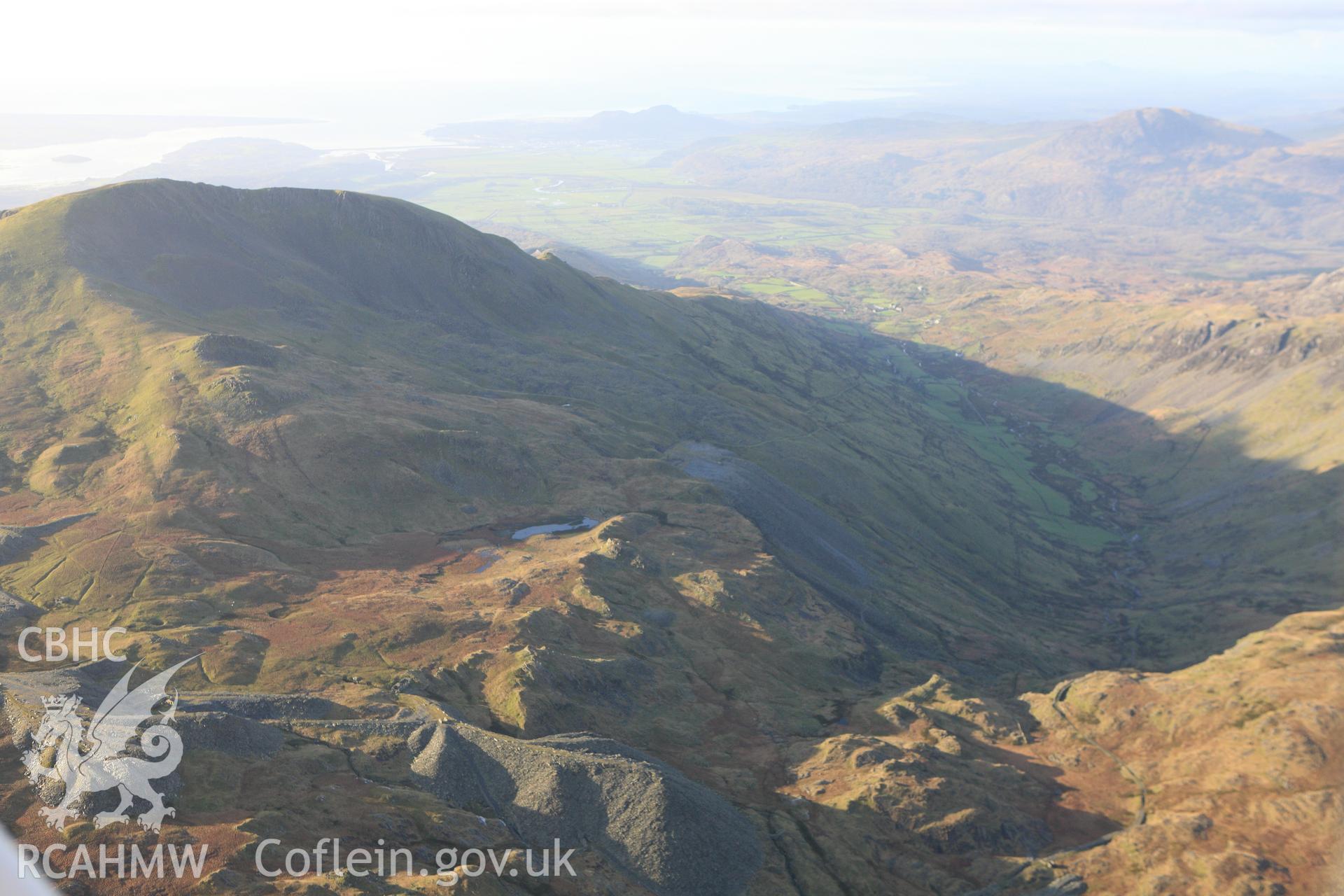 RCAHMW colour oblique photograph of Rhosydd slate quarry, upper workings. Taken by Toby Driver on 13/01/2012.