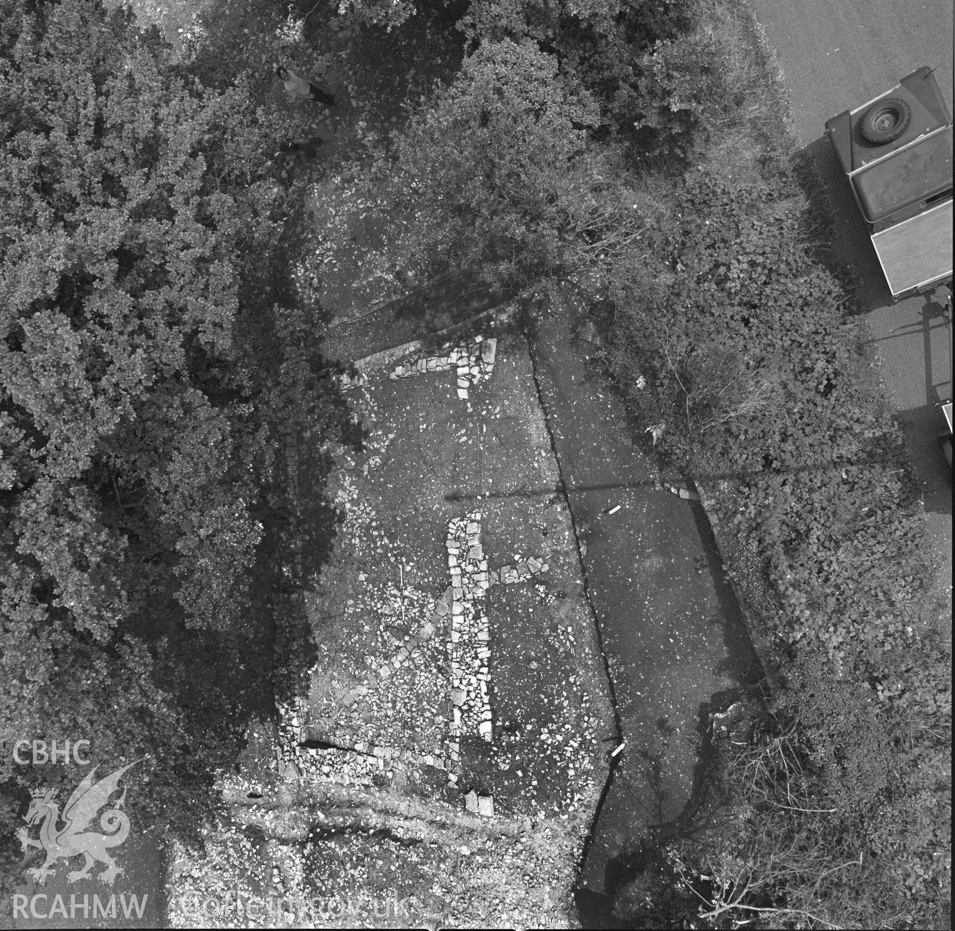 Digital copy of a black and white negative showing excavation at Barry Medieval Village.