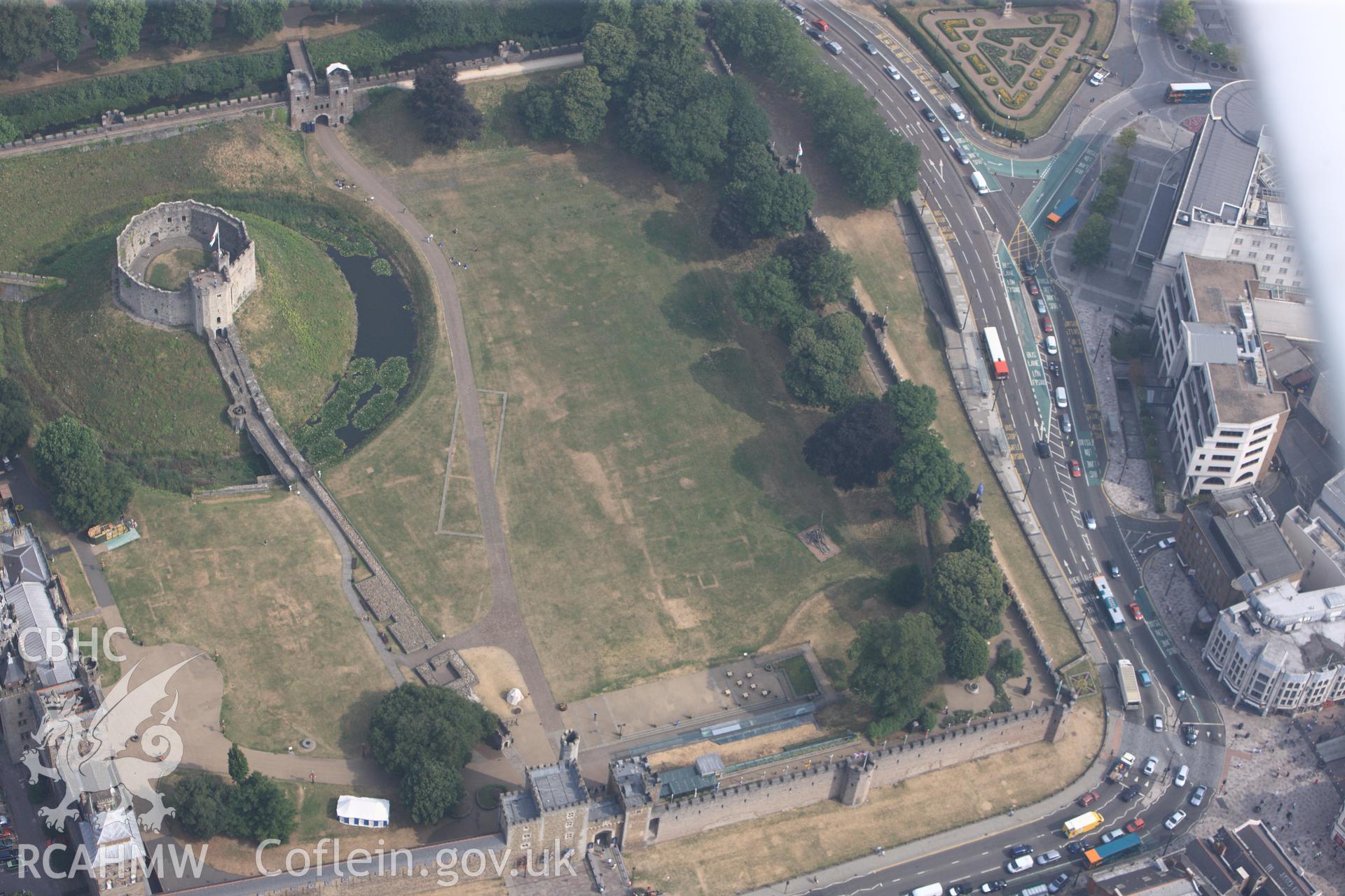 Royal Commission aerial photography of Cardiff Castle taken during drought conditions on 22nd July 2013, with parch marks.