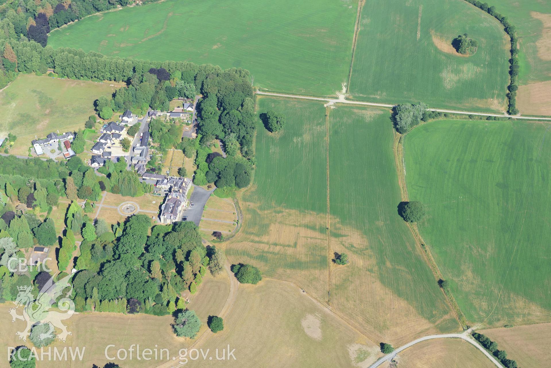 Royal Commission aerial photography of Trawsgoed Park and garden cropmarks, taken on 19th July 2018 during the 2018 drought.