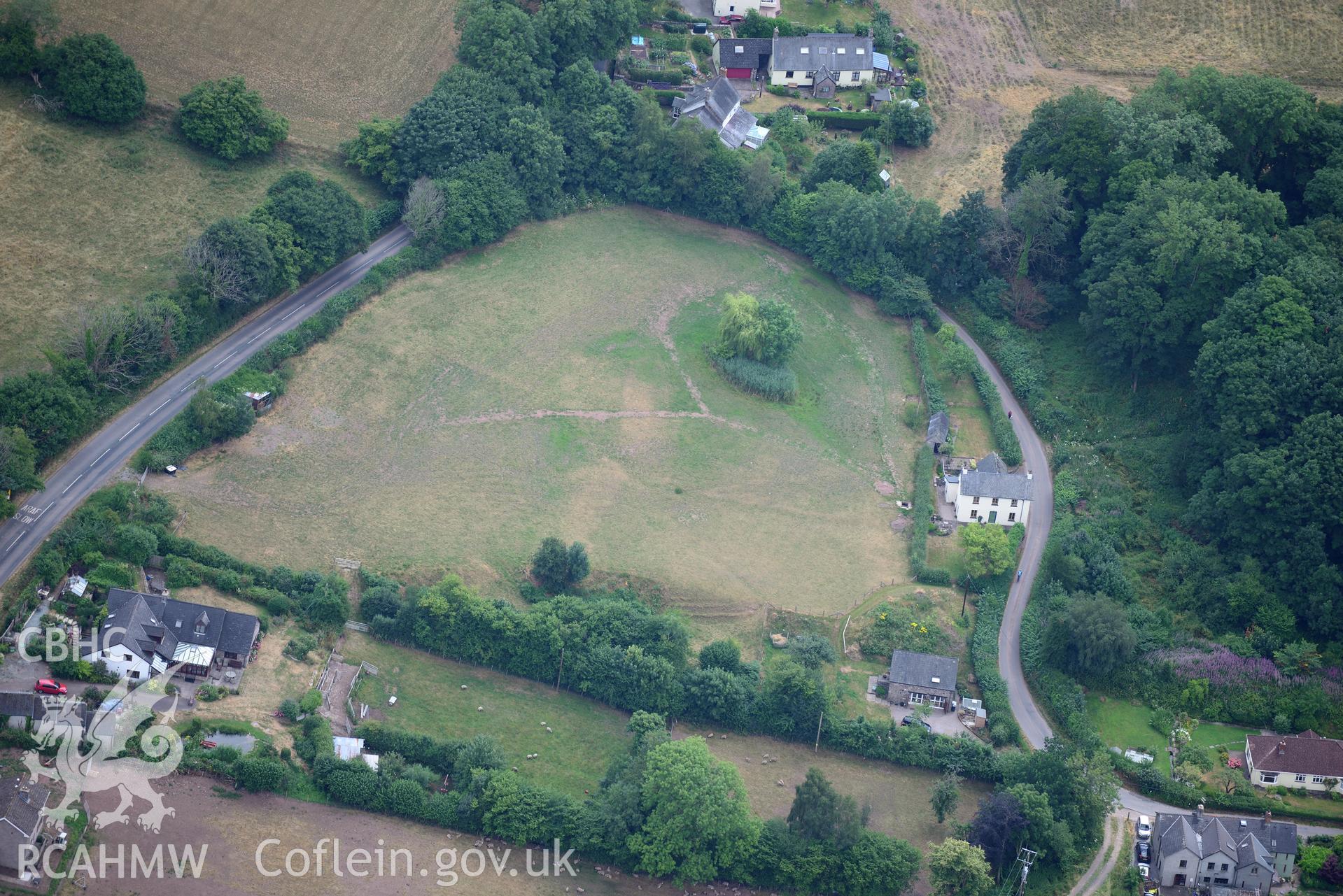 Royal Commission aerial photography of Blaenllynfi Castle taken on 19th July 2018 during the 2018 drought.