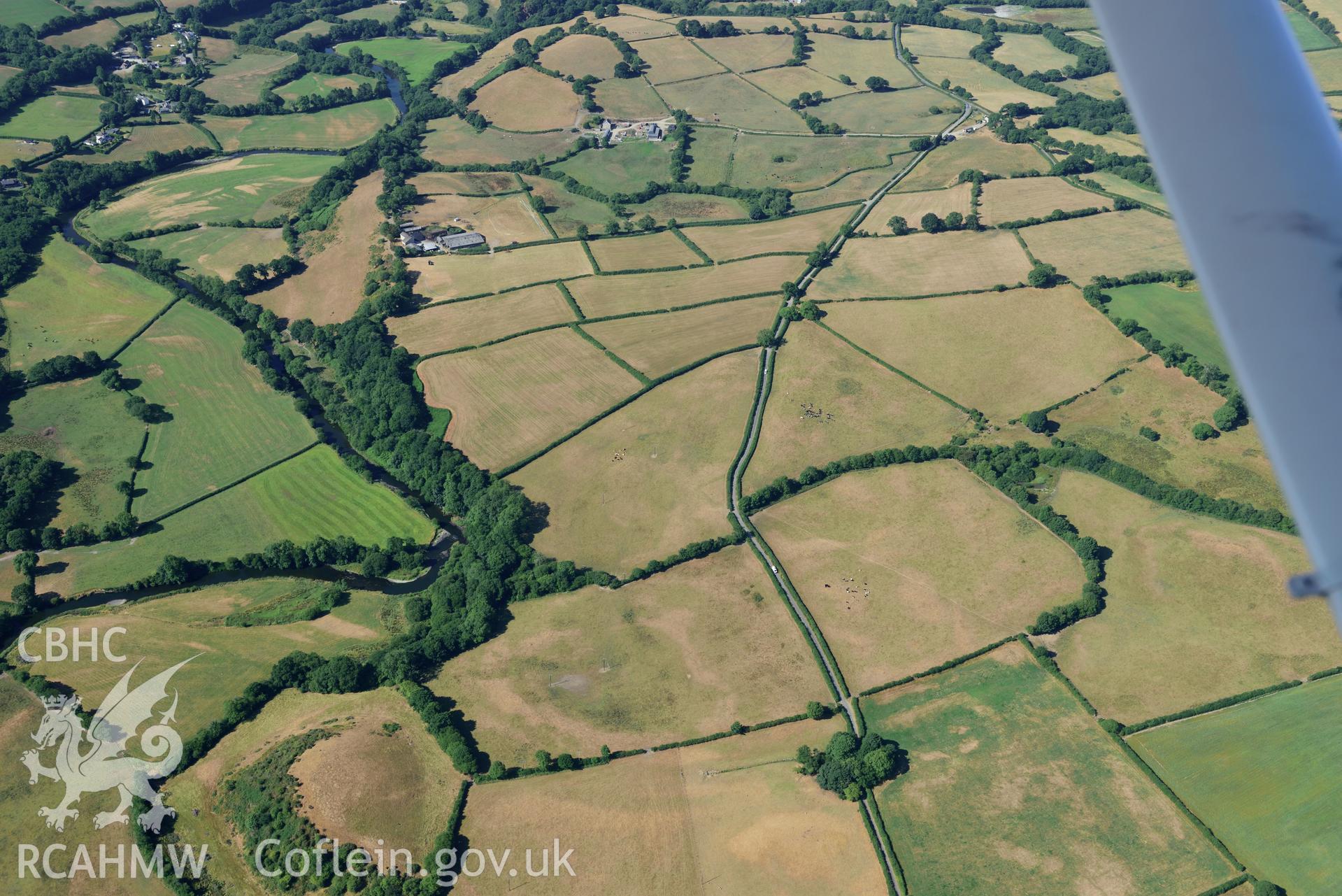 Royal Commission aerial photography of Crug y Chwil parched landscape taken on 19th July 2018 during the 2018 drought.