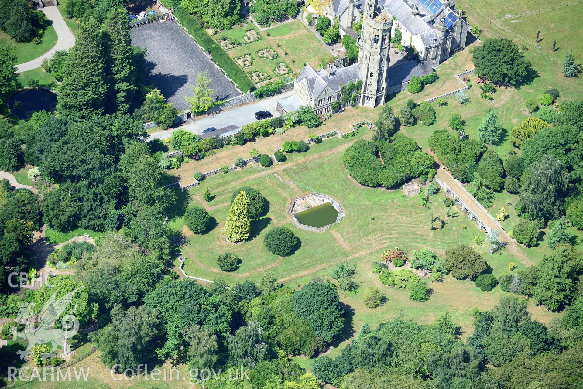 Royal Commission aerial photography of Leighton Hall, with garden parchmarks, taken on 19th July 2018 during the 2018 drought.