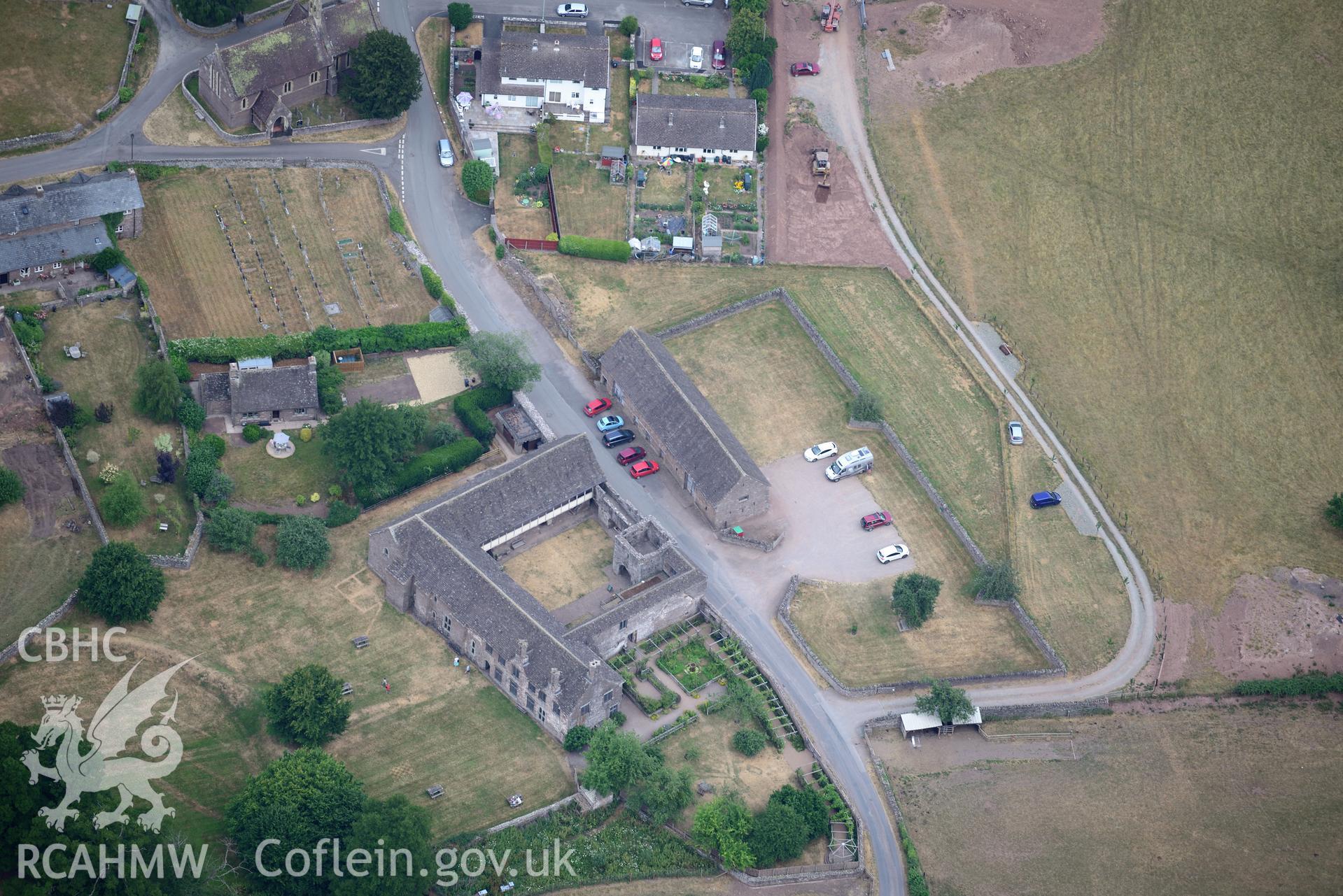 Royal Commission aerial photography of Tretower village taken on 19th July 2018 during the 2018 drought.