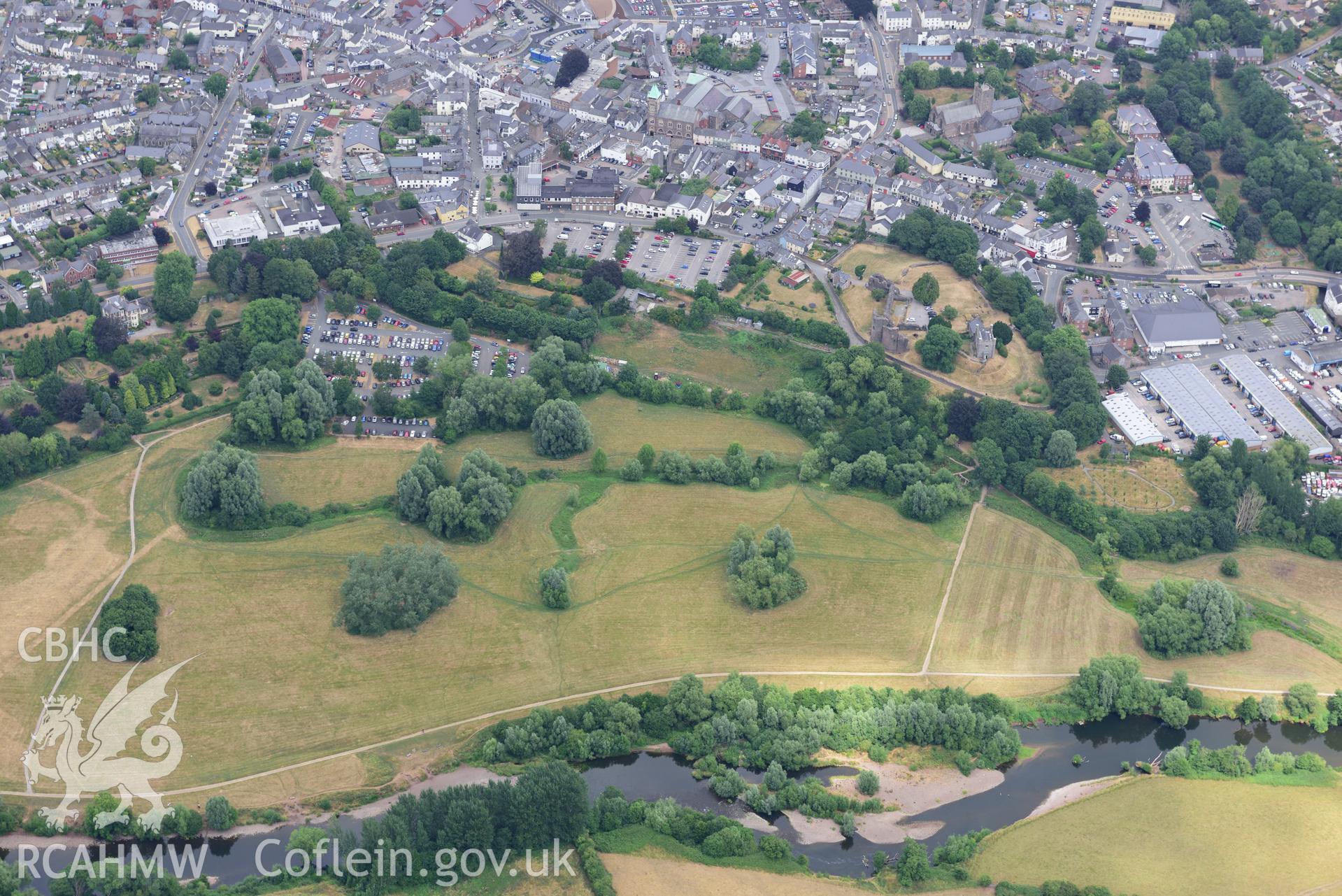 Royal Commission aerial photography of Abergavenny Castle taken on 19th July 2018 during the 2018 drought.