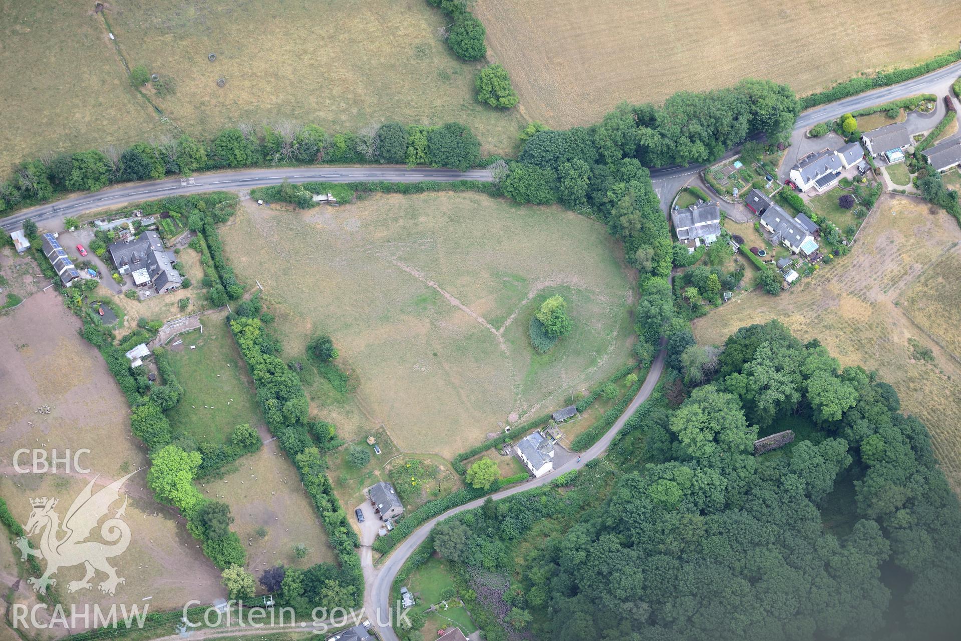 Royal Commission aerial photography of Blaenllynfi Castle taken on 19th July 2018 during the 2018 drought.