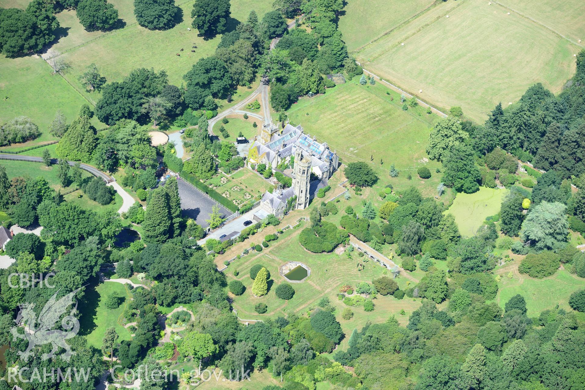 Royal Commission aerial photography of Leighton Hall, with garden parchmarks, taken on 19th July 2018 during the 2018 drought.