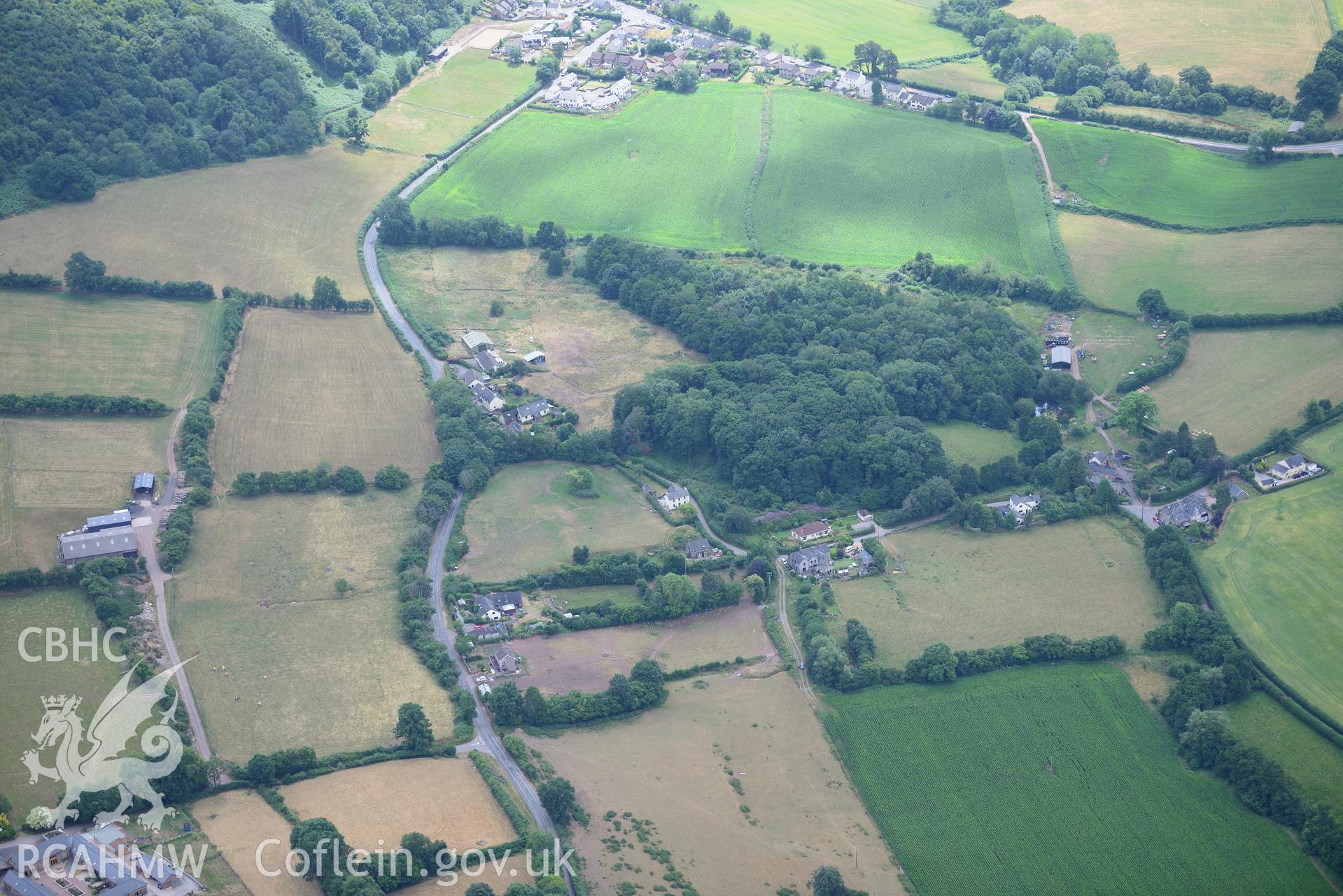 Royal Commission aerial photography of Blaenllynfi Castle taken on 19th July 2018 during the 2018 drought.