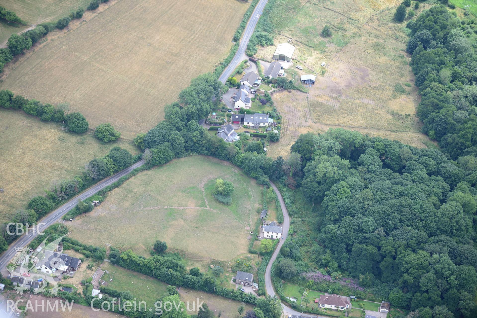 Royal Commission aerial photography of Blaenllynfi Castle taken on 19th July 2018 during the 2018 drought.