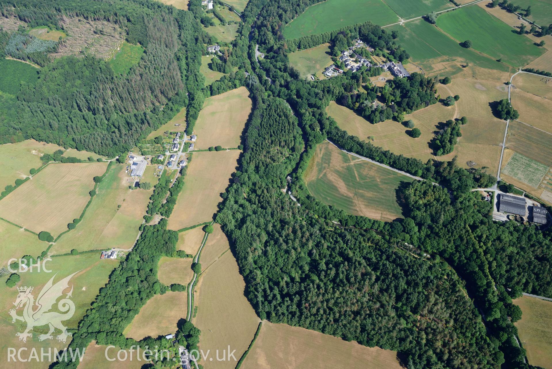 Royal Commission aerial photography of parchmarks of the Roman road at Hendre Villa taken on 19th July 2018 during the 2018 drought.