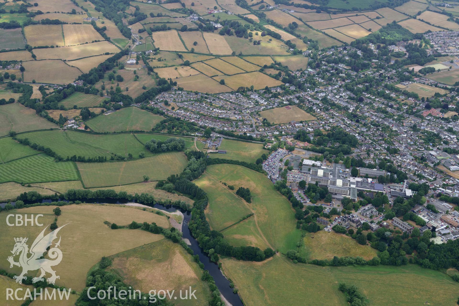 Royal Commission aerial photography of Old Nevill Hall cropmarks taken on 19th July 2018 during the 2018 drought.