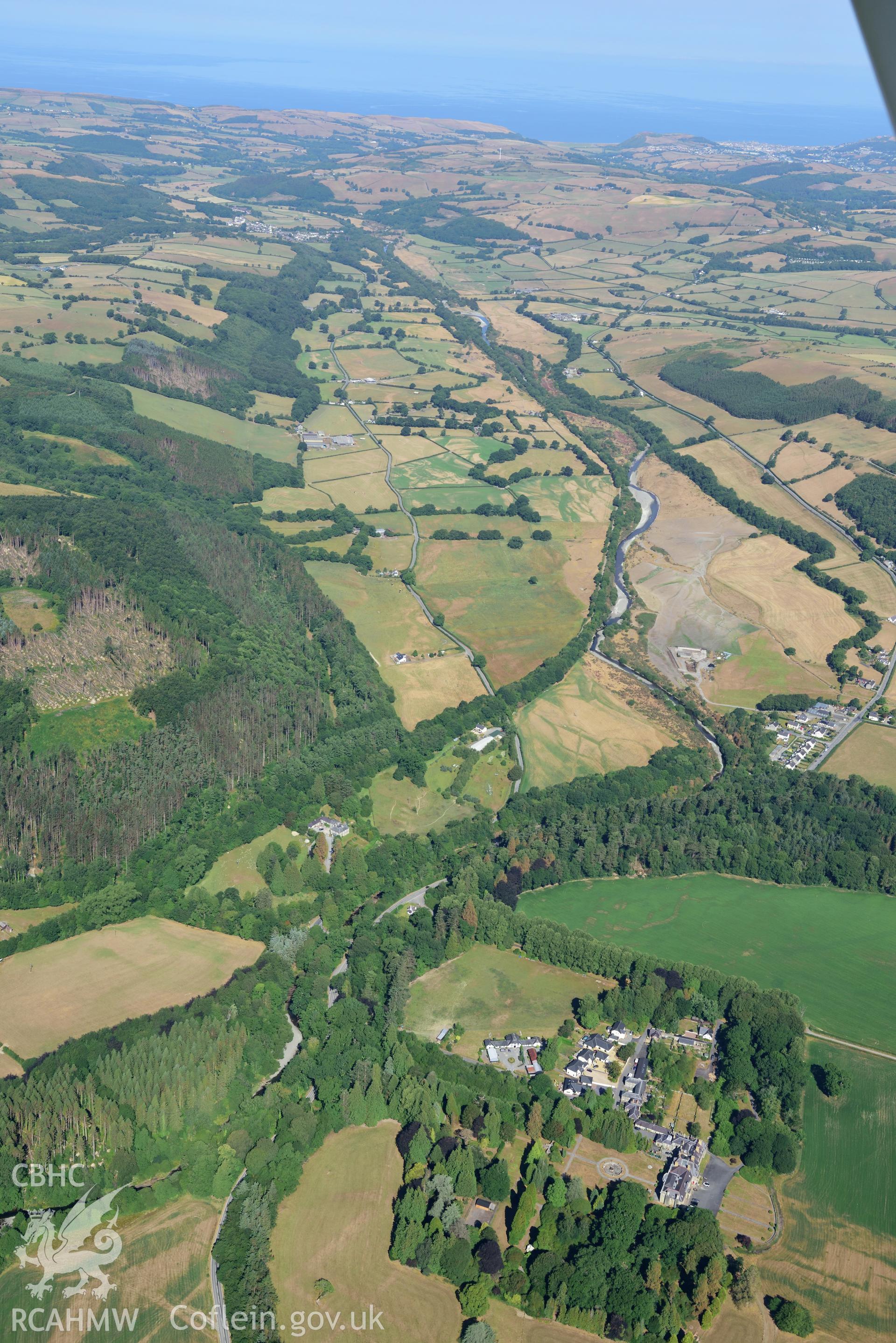 Royal Commission aerial photography of Trawsgoed Park and garden cropmarks, taken on 19th July 2018 during the 2018 drought.