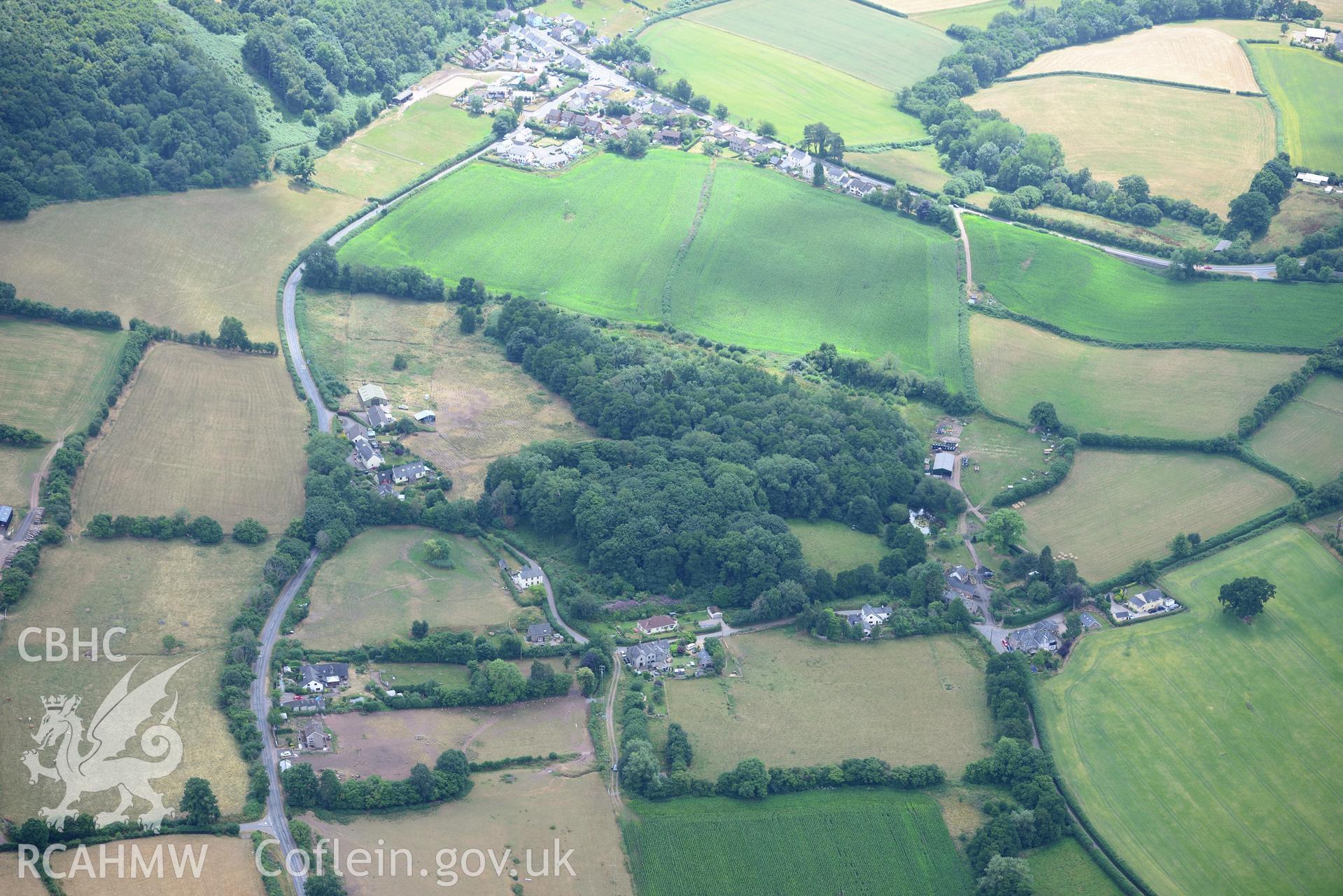 Royal Commission aerial photography of Blaenllynfi Castle taken on 19th July 2018 during the 2018 drought.