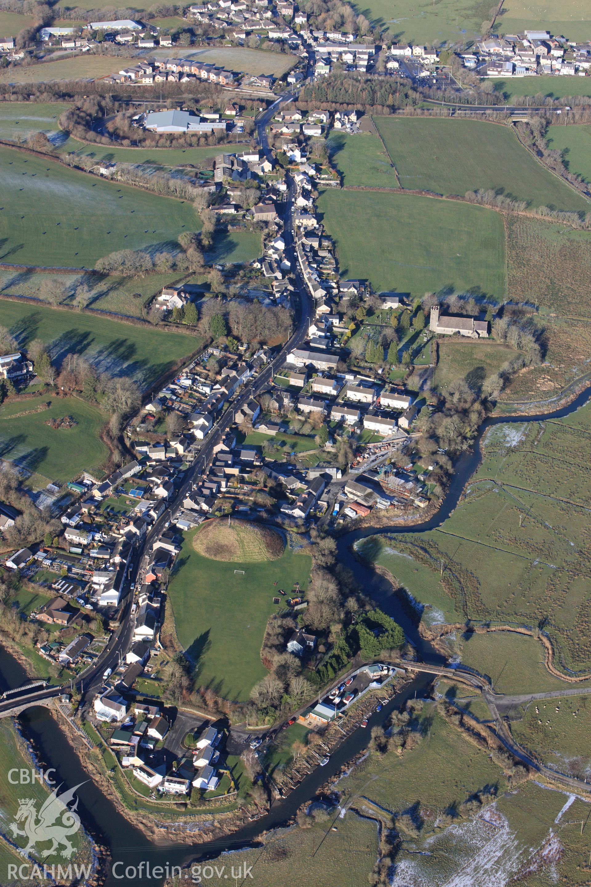 RCAHMW colour oblique photograph of St Clears motte and bailey castle. Taken by Toby Driver on 08/12/2010.