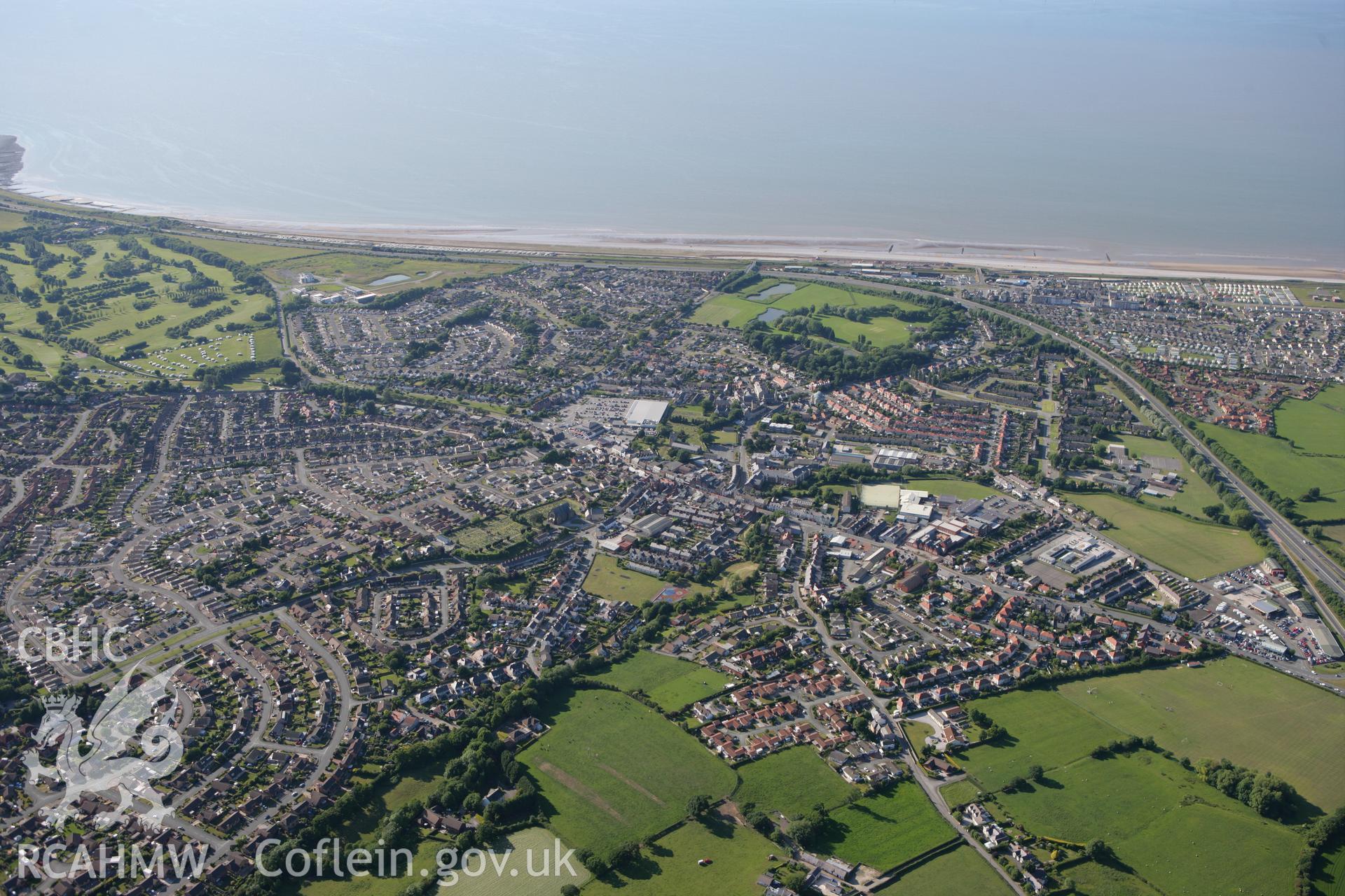 RCAHMW colour oblique photograph of Abergele town, from the south-east. Taken by Toby Driver on 16/06/2010.