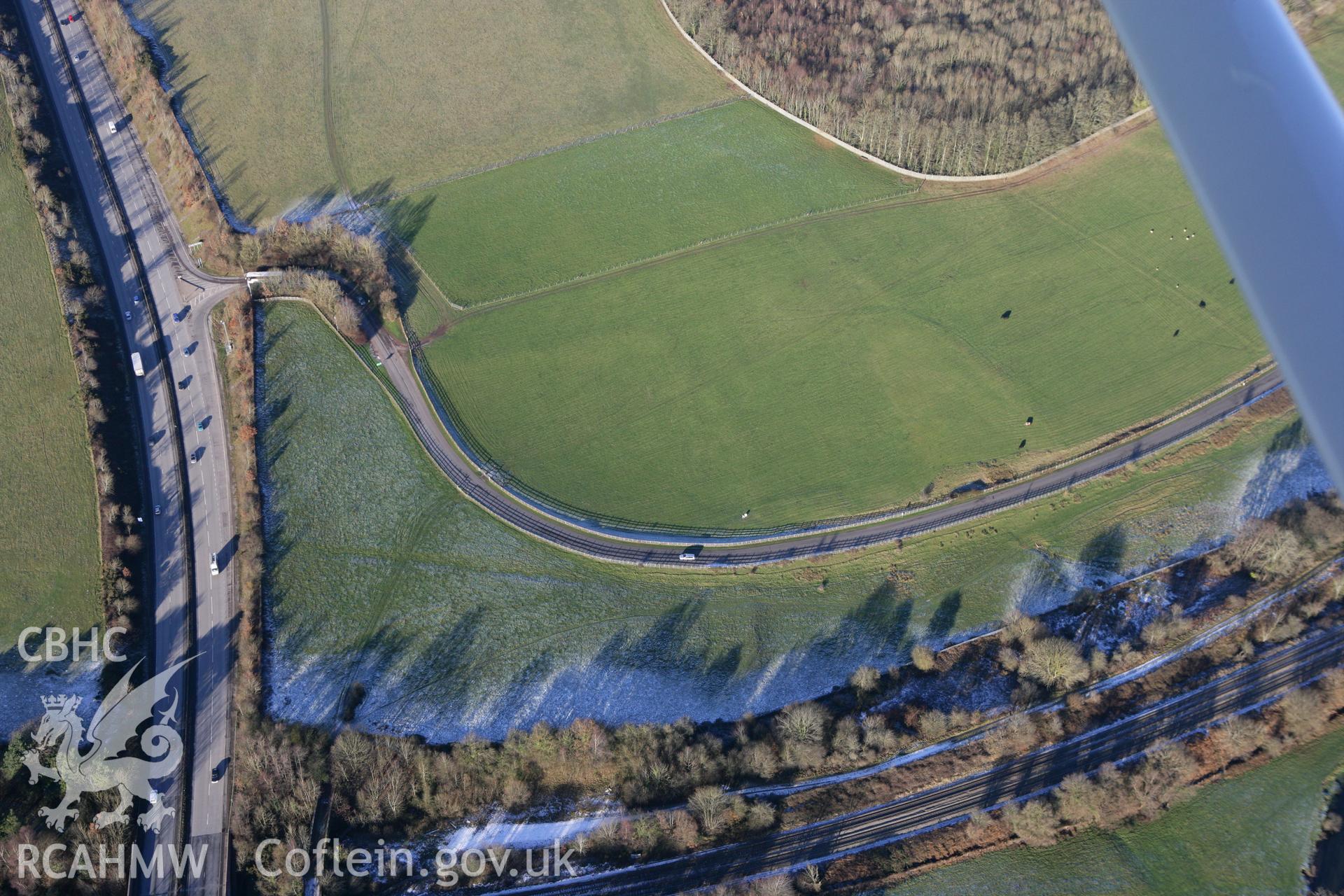 RCAHMW colour oblique photograph of St Fagans, earthworks of a medieval field system. Taken by Toby Driver on 08/12/2010.