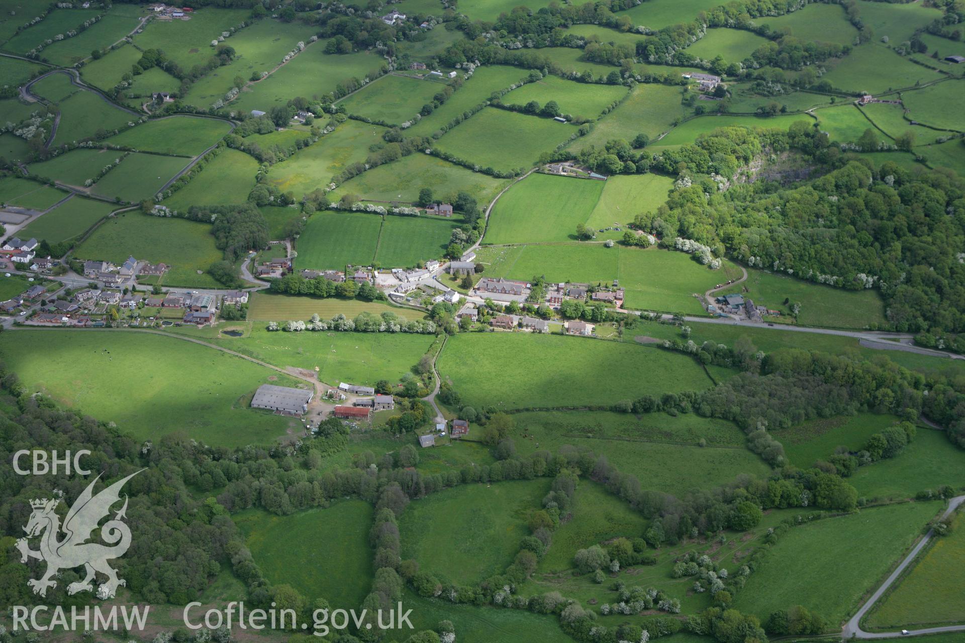 RCAHMW colour oblique photograph of Offa's Dyke section extending 117 metres NW of church at Llanfynydd. Taken by Toby Driver on 27/05/2010.